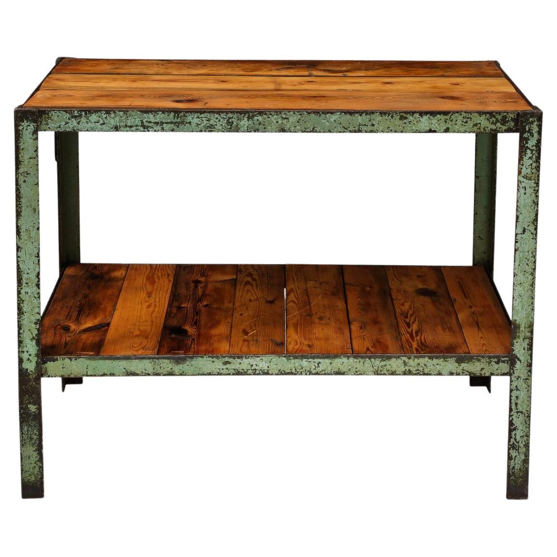 Industrial Side Table/Console with Shelf in Patinated Metal and European Pine For Sale