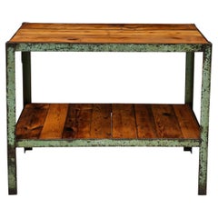 Industrial Side Table/Console with Shelf in Patinated Metal and European Pine