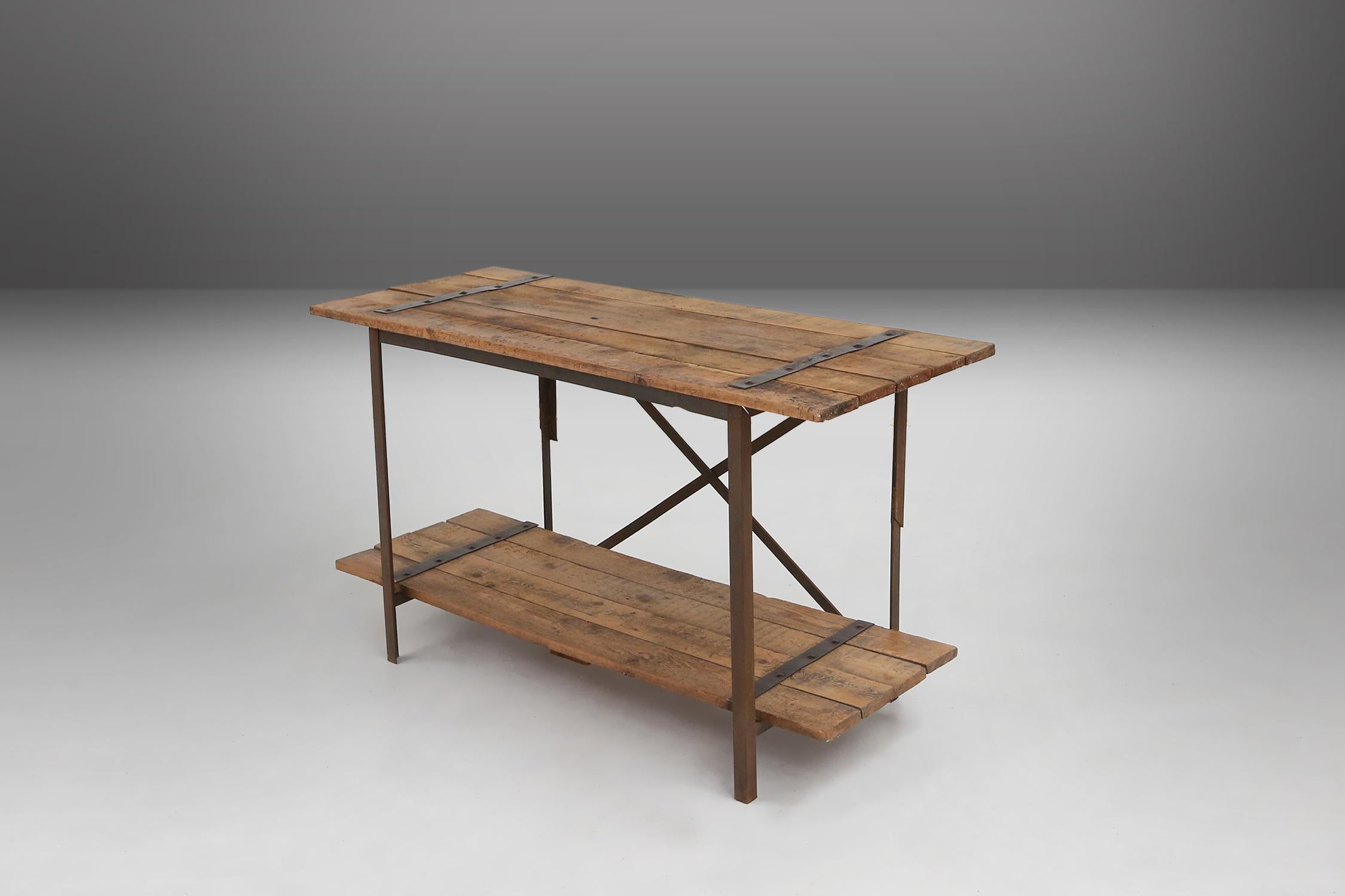 French Industrial side table with metal frame and wooden top and removable platform, Be For Sale