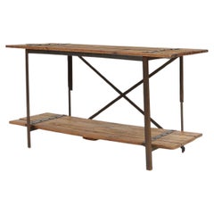 Antique Industrial side table with metal frame and wooden top and removable platform, Be
