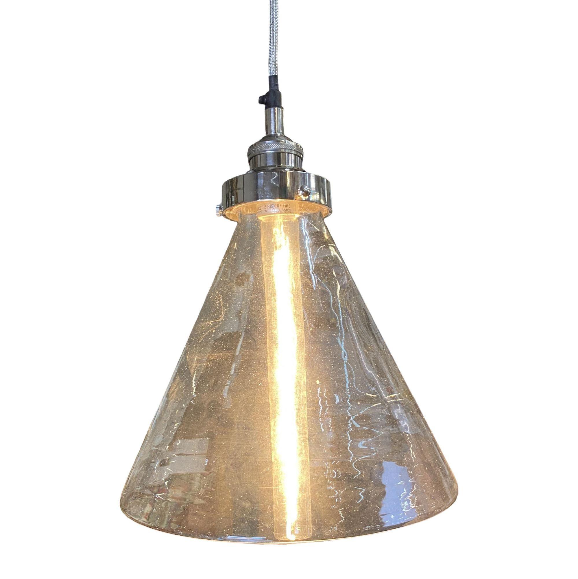 Modern industrial lamp silver brushed ceiling pendant with clear glass cone shade.

Shade : 7.2