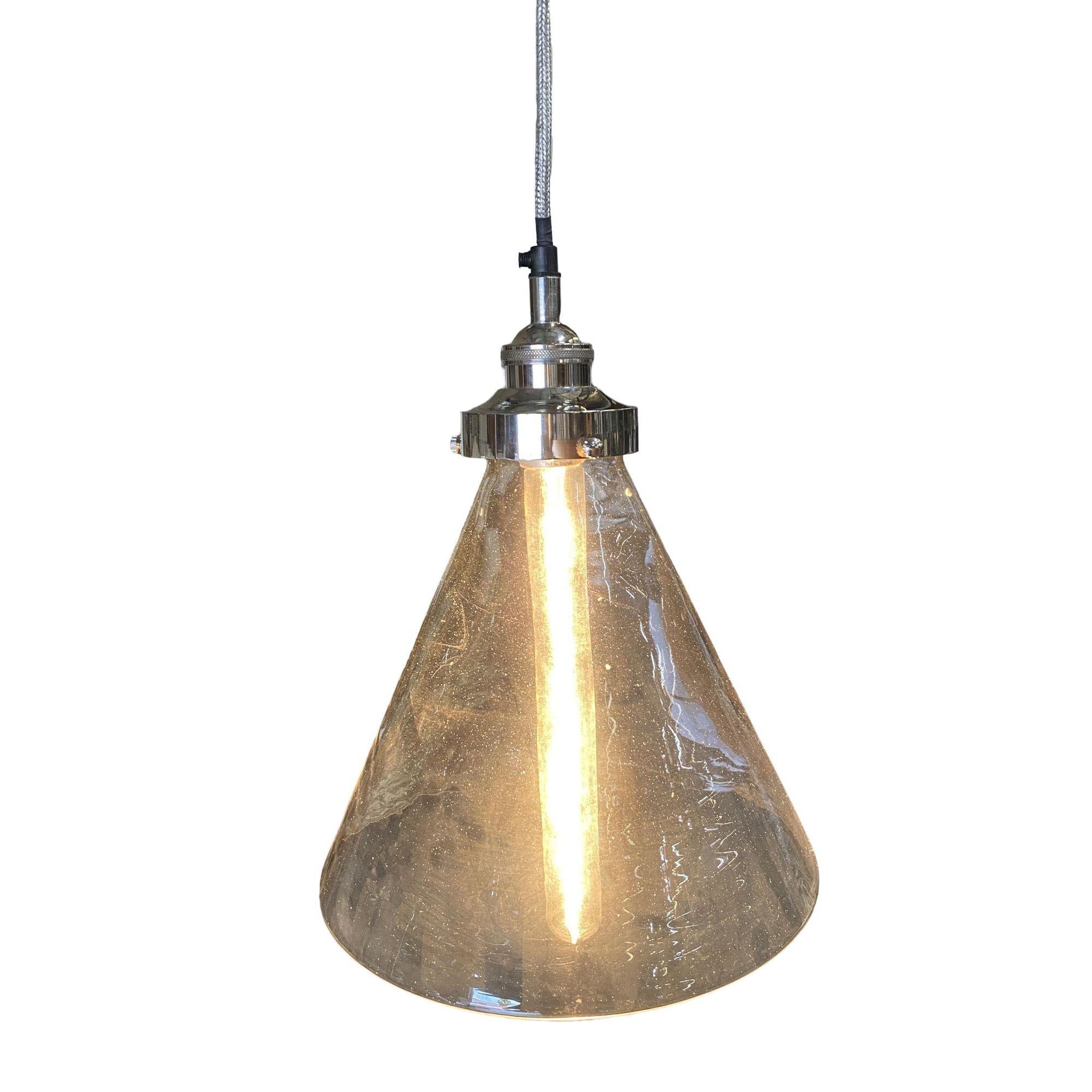 Industrial Silver Brushed Clear Glass Ceiling Pendant Light In Excellent Condition For Sale In Van Nuys, CA
