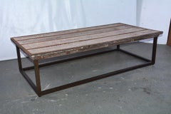 Industrial Slatted Wood Top Metal Base Coffee Table