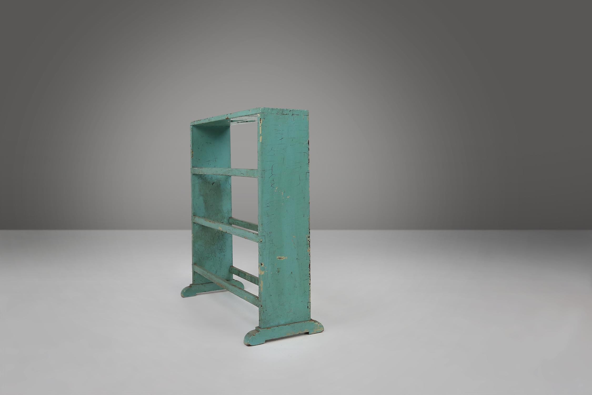 Industrial small mint-colored rack or bookcase with 4 shelves  For Sale 6