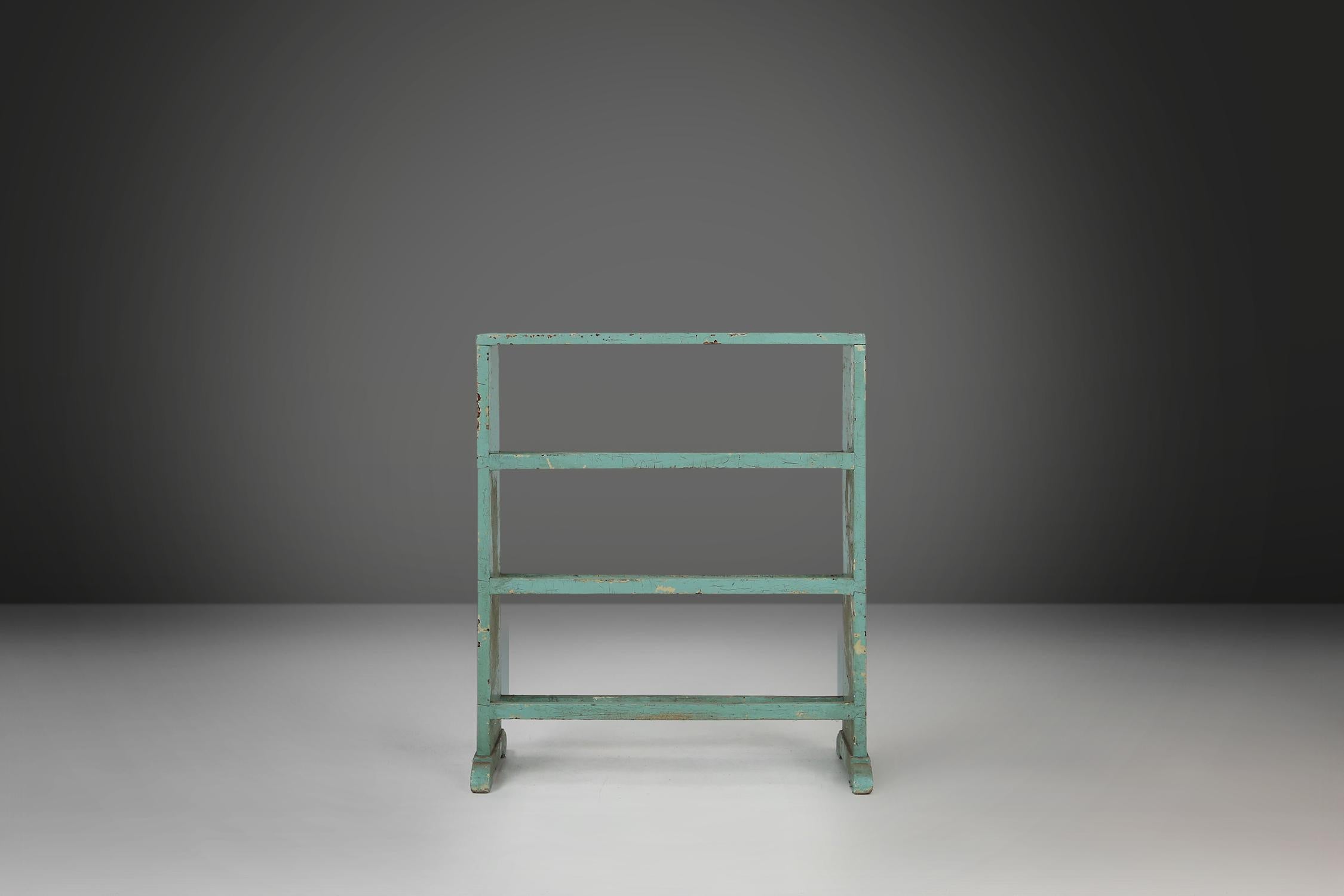 Belgian Industrial small mint-colored rack or bookcase with 4 shelves  For Sale