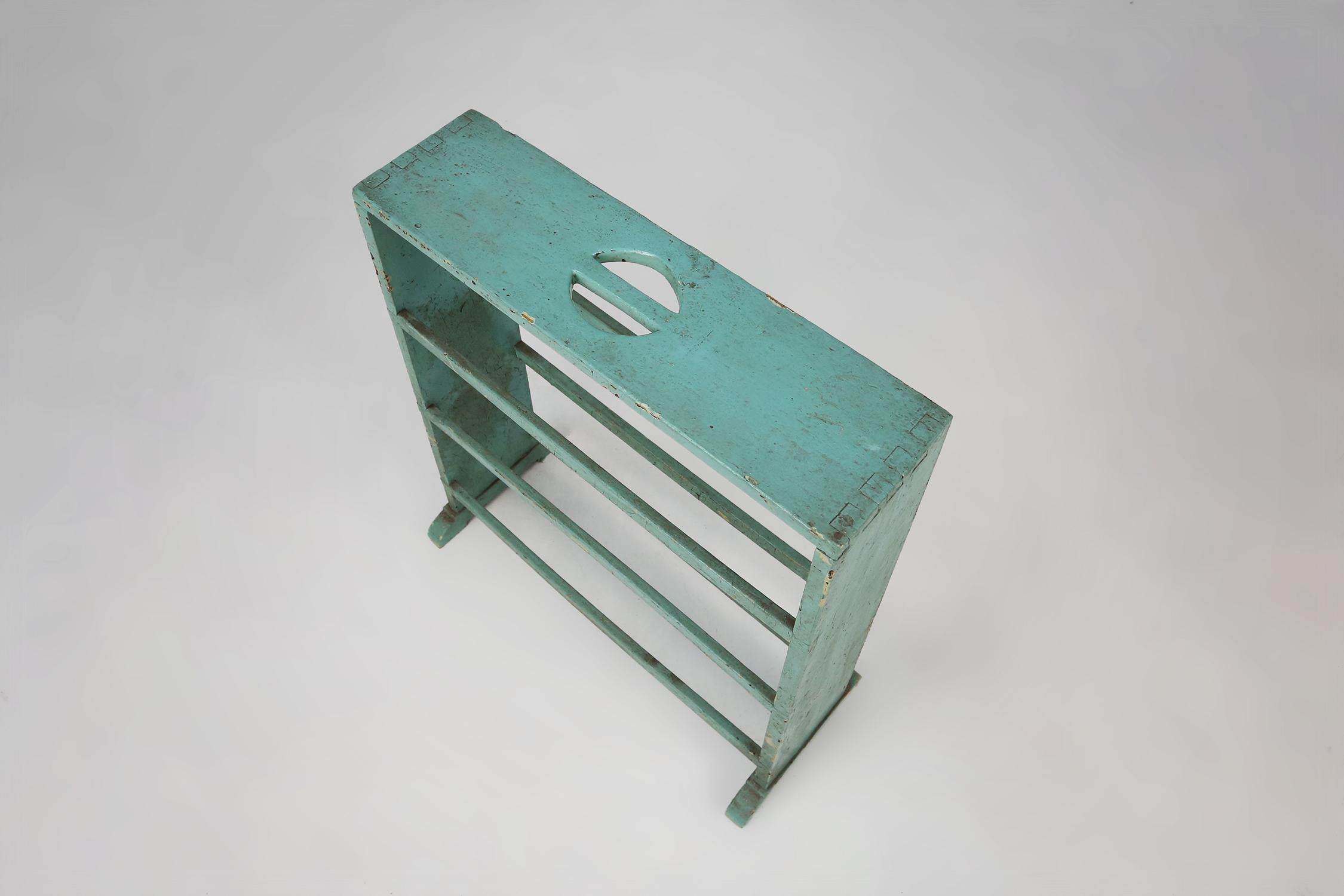 Early 20th Century Industrial small mint-colored rack or bookcase with 4 shelves  For Sale