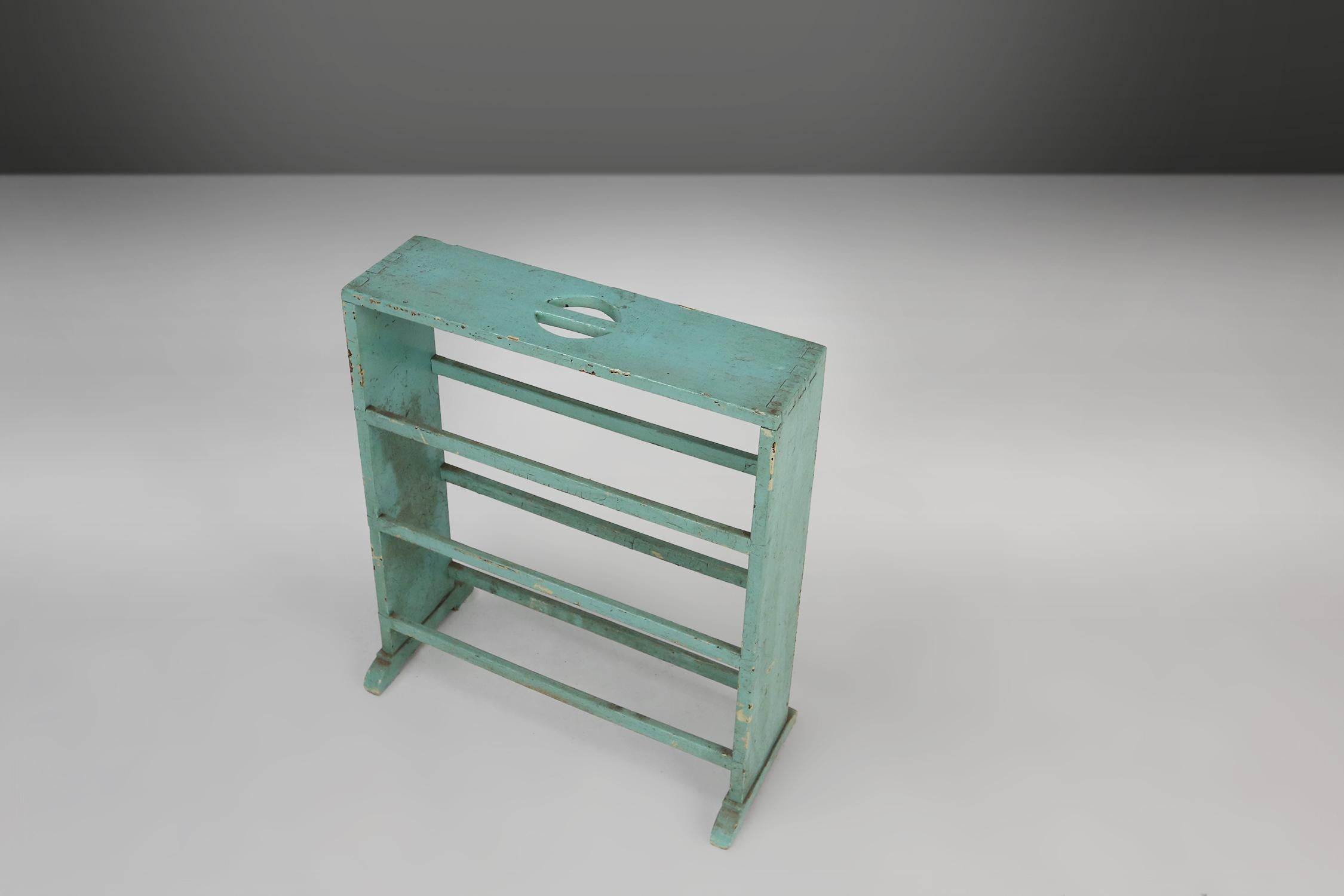Wood Industrial small mint-colored rack or bookcase with 4 shelves  For Sale