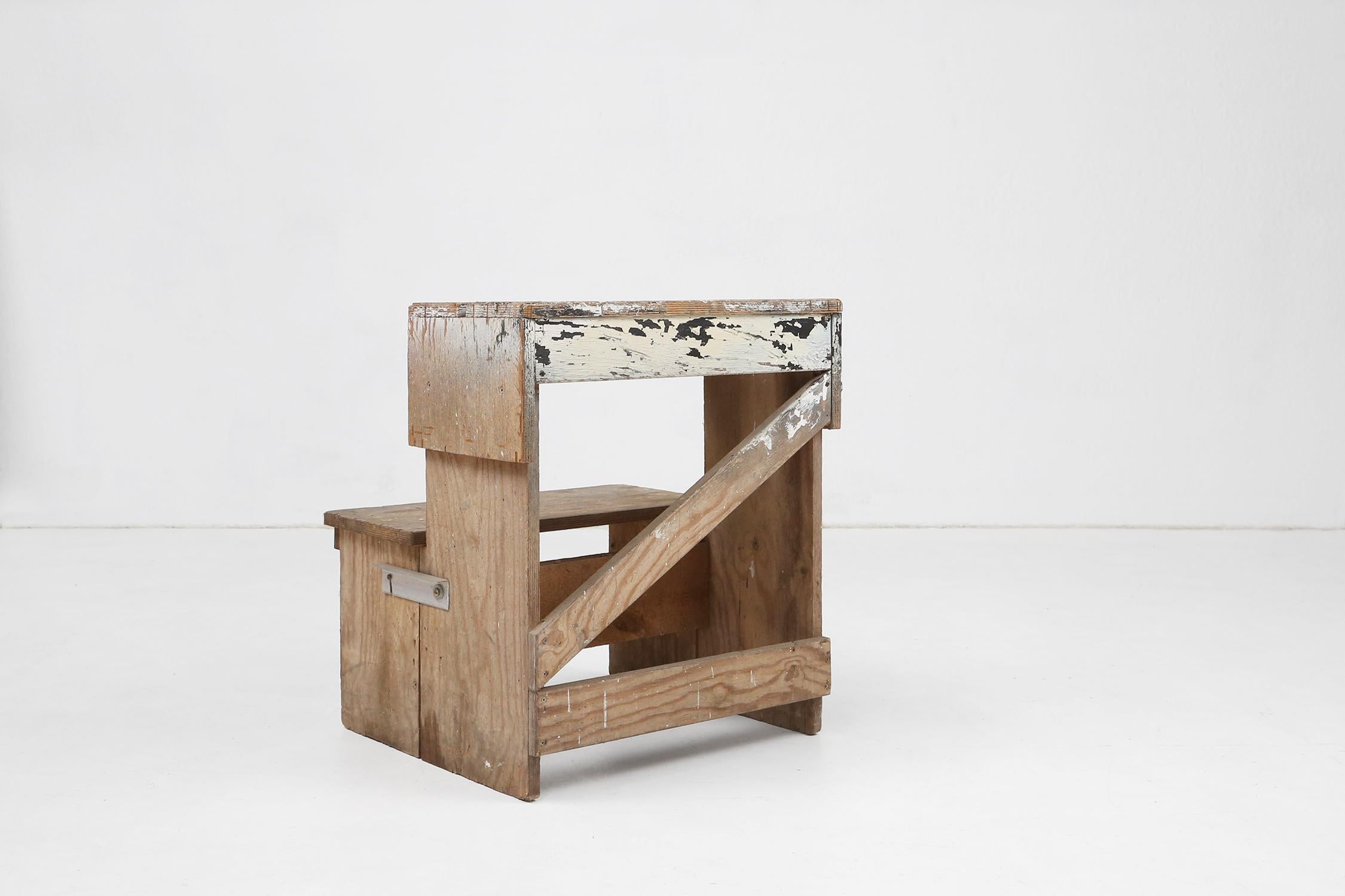 Early 20th Century Industrial small stepladder in wood with old layers of paint, Belgium ca. 1920 For Sale