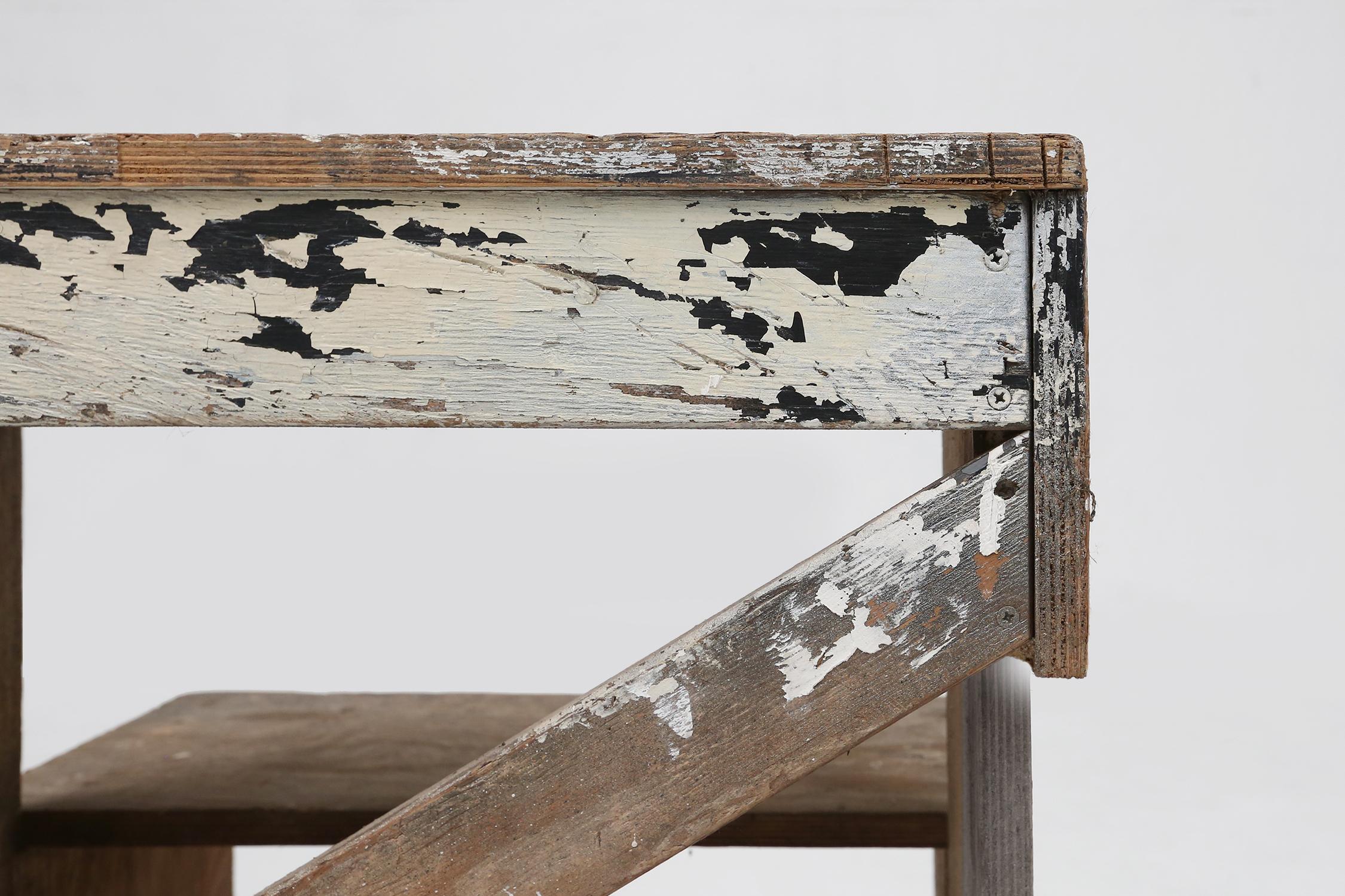 Wood Industrial small stepladder in wood with old layers of paint, Belgium ca. 1920 For Sale