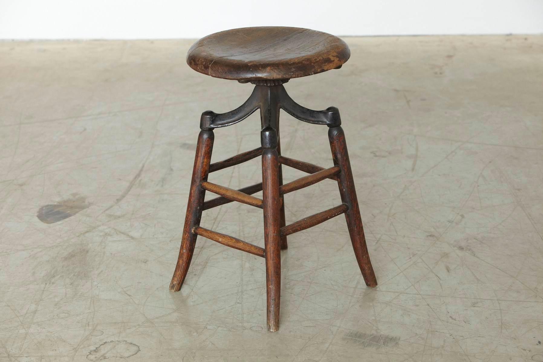 American Industrial Solid Oak and Iron Workshop Stool, circa 1940s