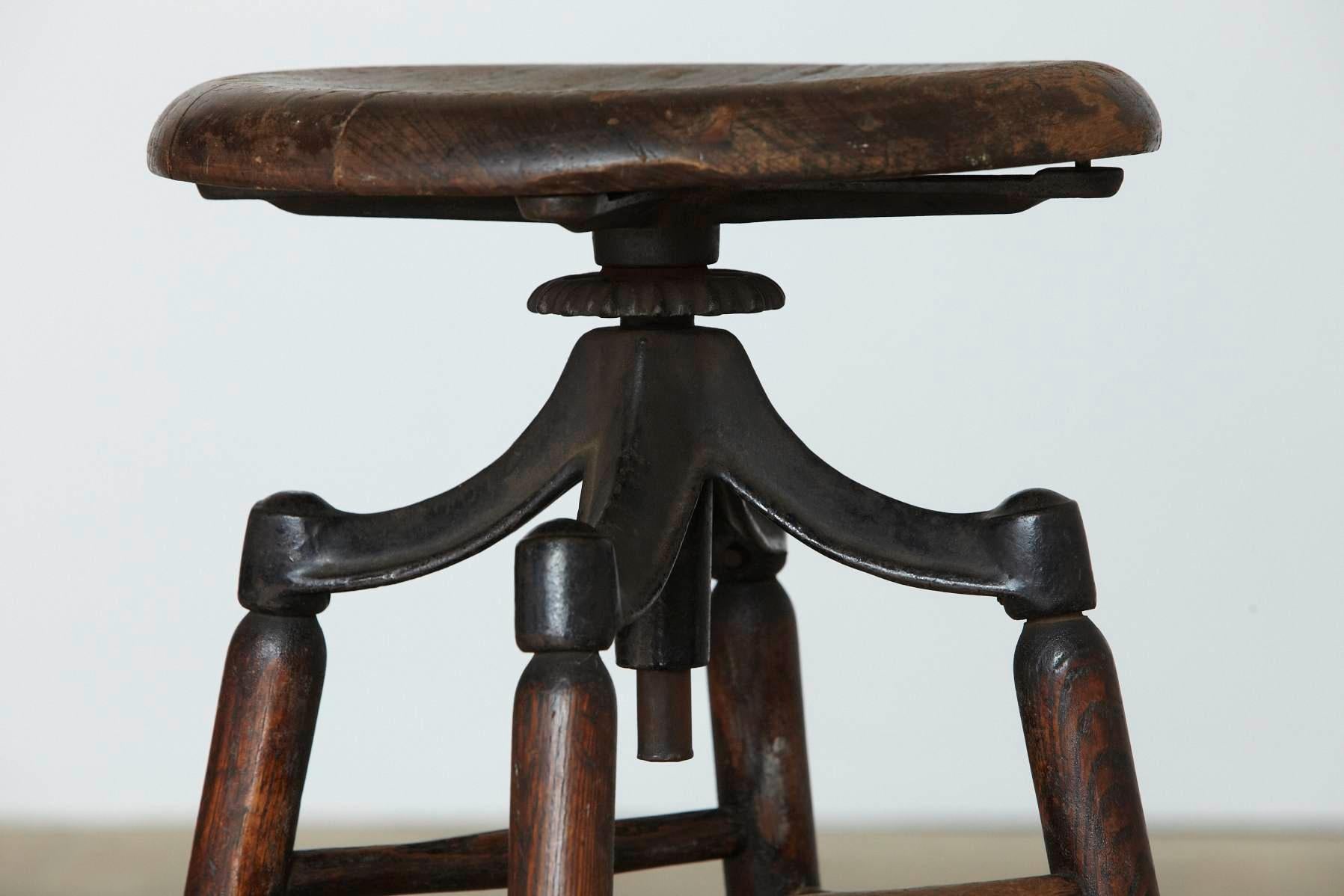 Mid-20th Century Industrial Solid Oak and Iron Workshop Stool, circa 1940s