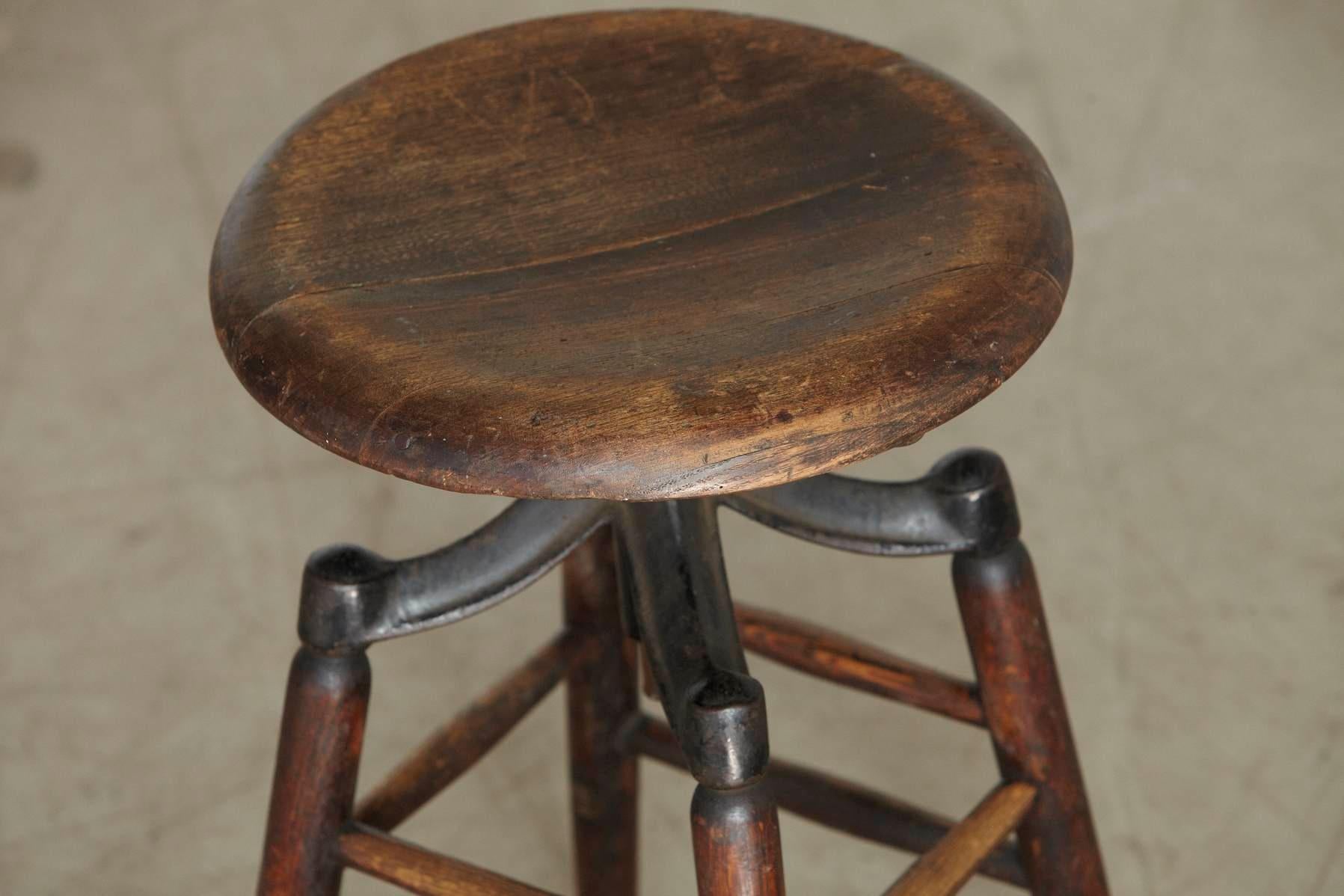 Industrial Solid Oak and Iron Workshop Stool, circa 1940s 2