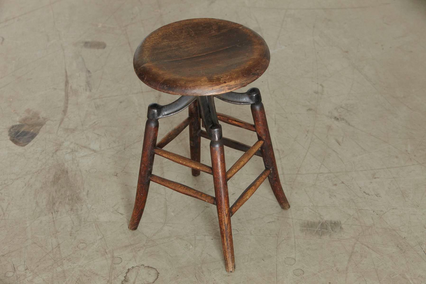 Industrial Solid Oak and Iron Workshop Stool, circa 1940s 3