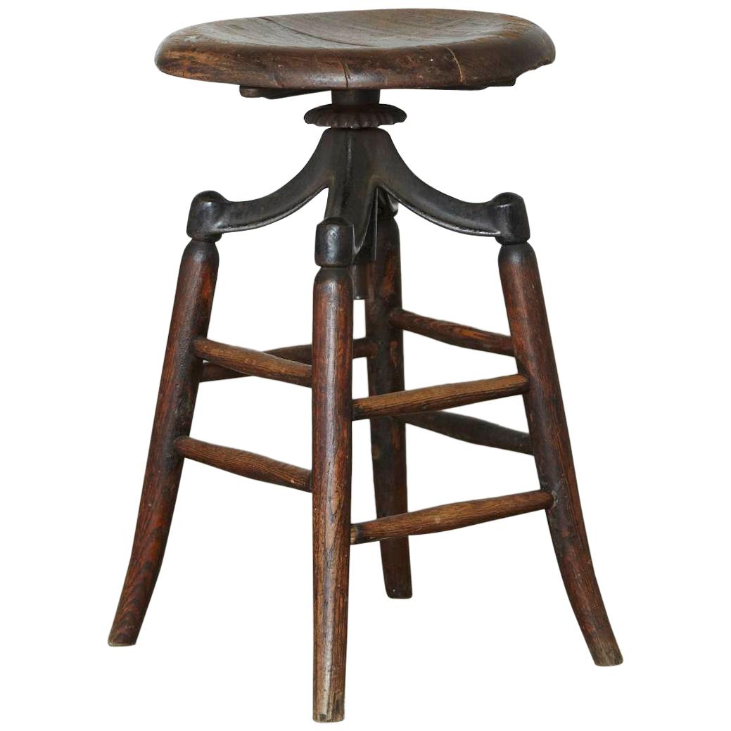 Industrial Solid Oak and Iron Workshop Stool, circa 1940s