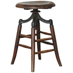 Industrial Solid Oak and Iron Workshop Stool, circa 1940s
