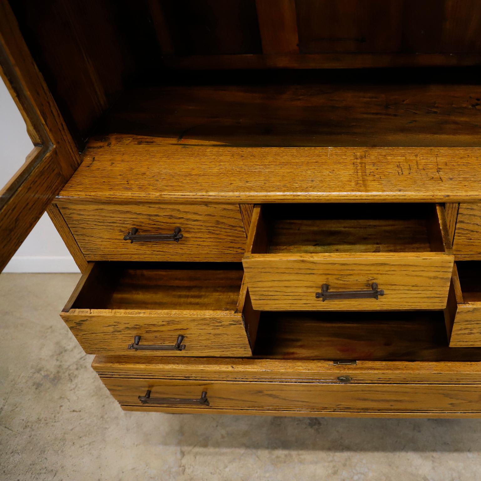 Industrial Solid Oak Library Bookcase with Drawers For Sale 1