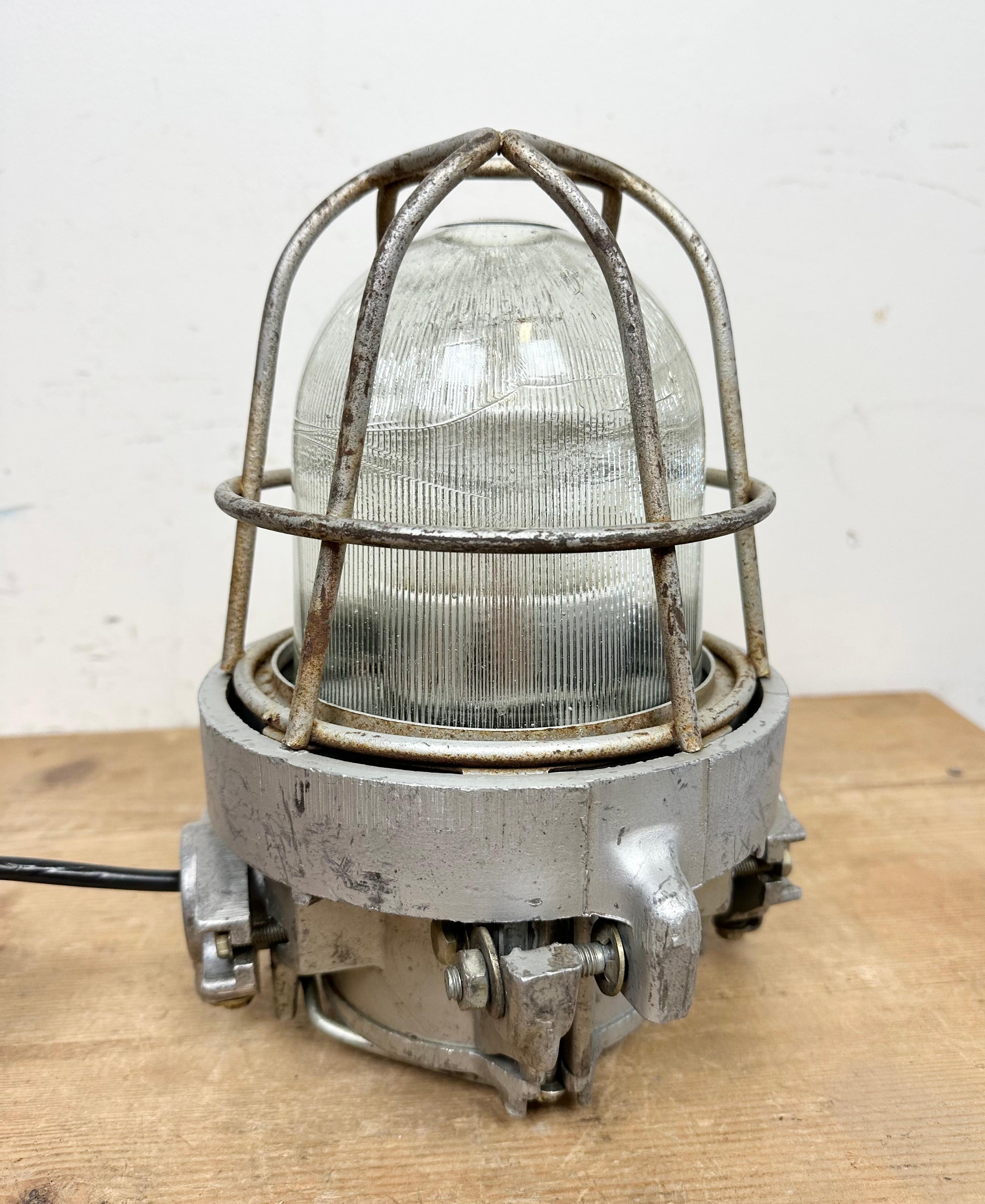 Industrial Soviet Cast Aluminium Bunker Pendant Light with Iron Grid, 1960s For Sale 8