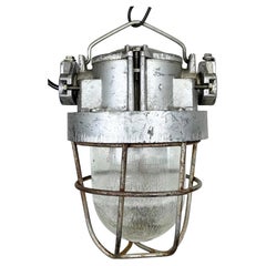 Industrial Soviet Cast Aluminium Bunker Pendant Light with Iron Grid, 1960s