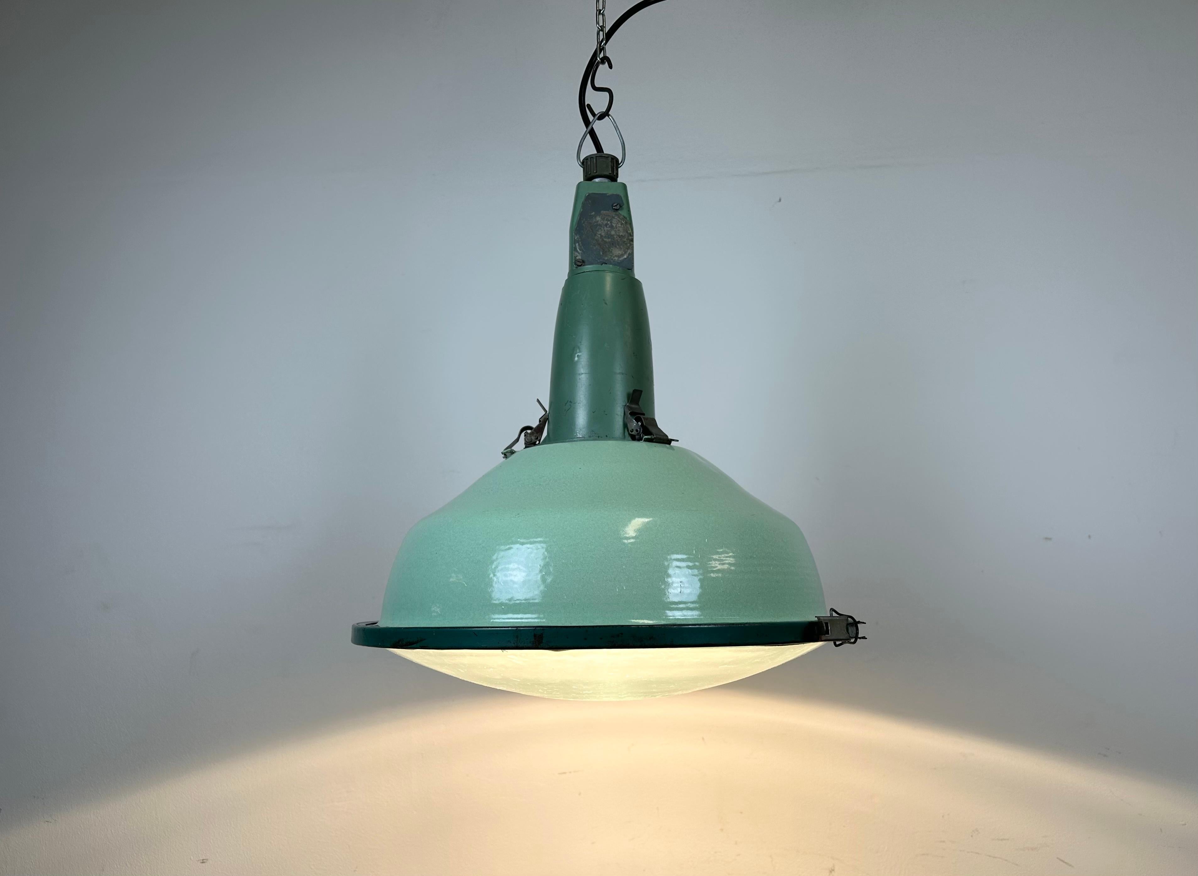 Industrial Soviet Green Enamel Pendant Light with Glass Cover, 1960s 5