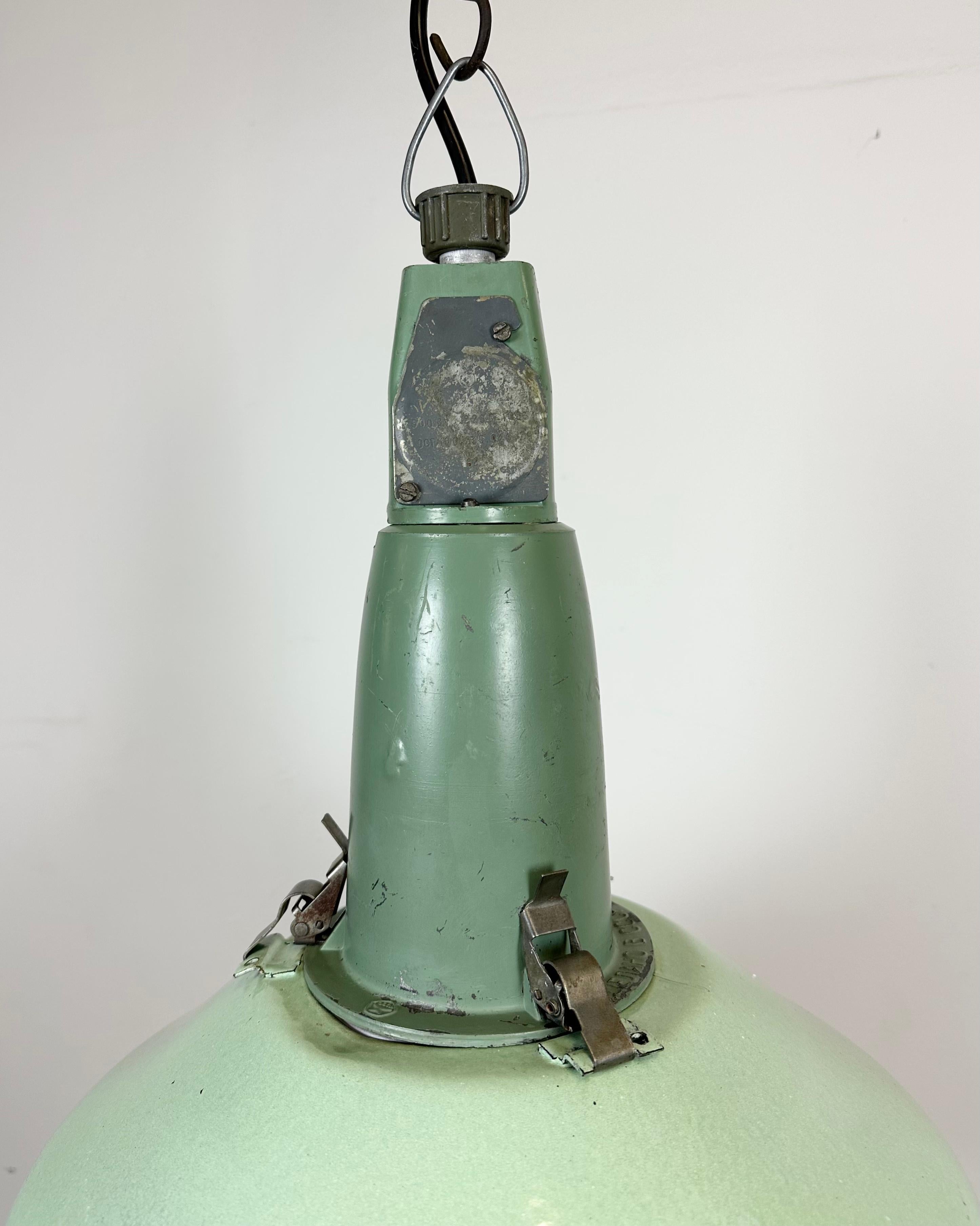 Russian Industrial Soviet Green Enamel Pendant Light with Glass Cover, 1960s