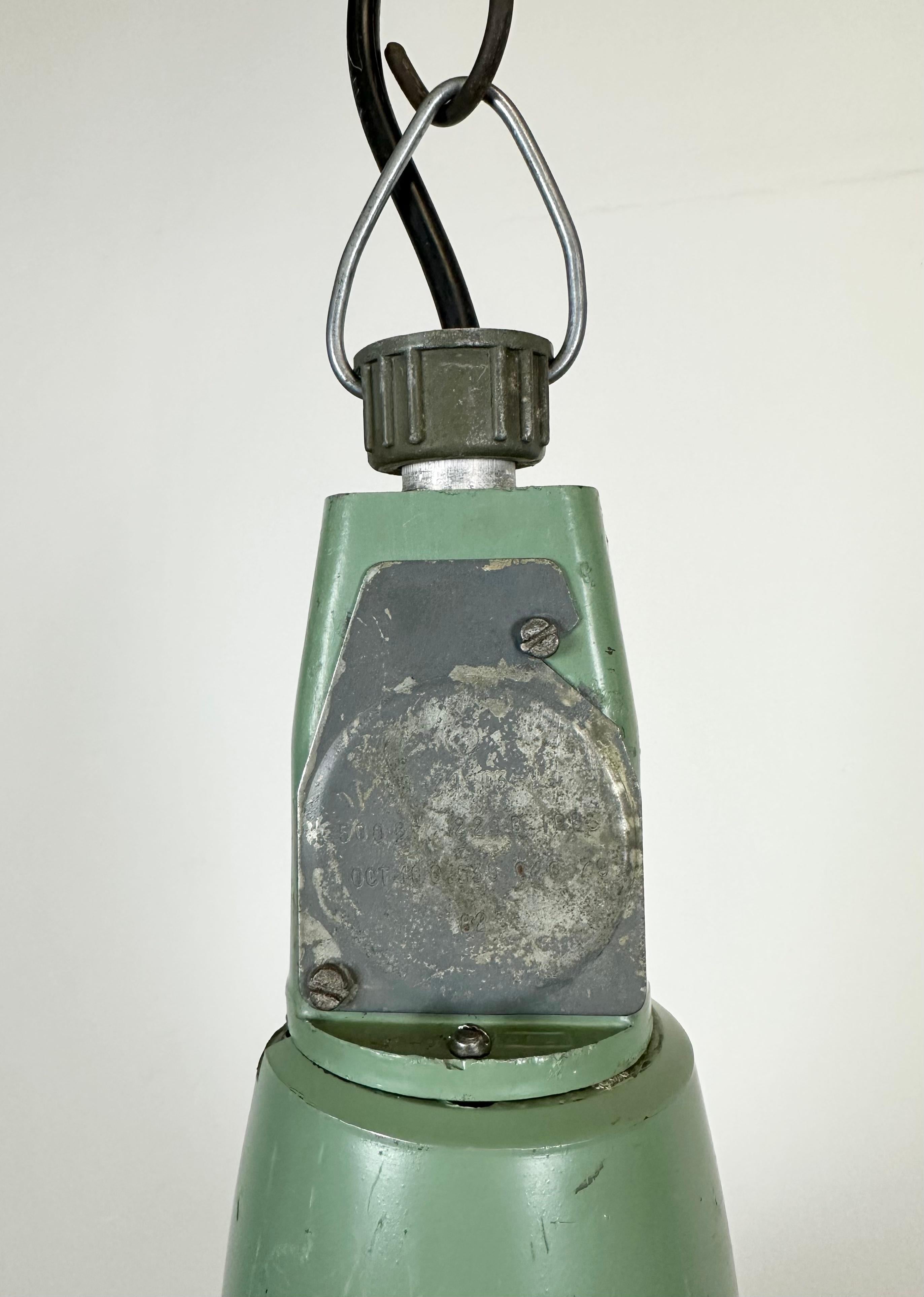 Industrial Soviet Green Enamel Pendant Light with Glass Cover, 1960s In Good Condition In Kojetice, CZ