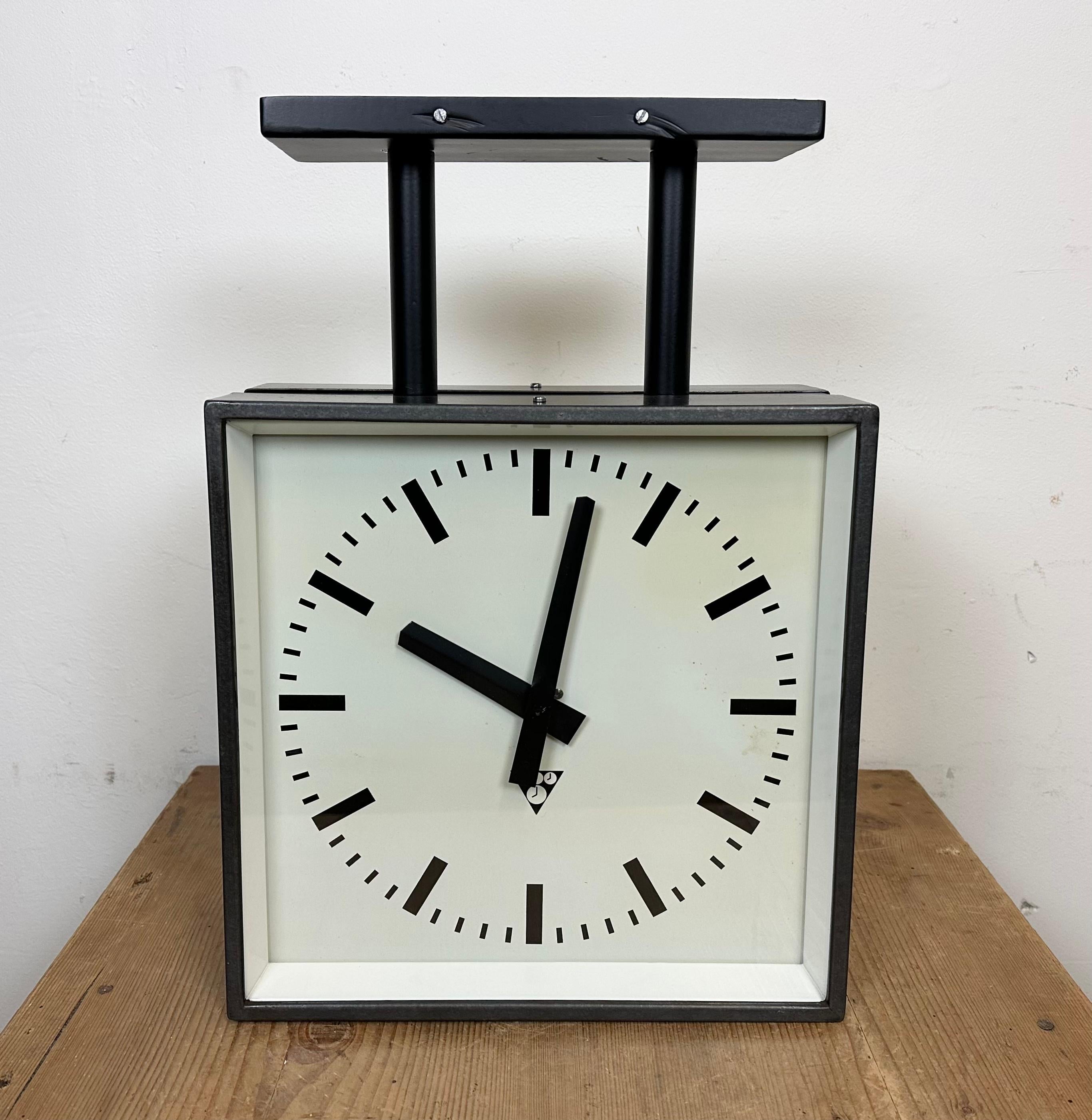 Industrial Square Double-Sided Factory Ceiling Clock from Pragotron, 1970s 4