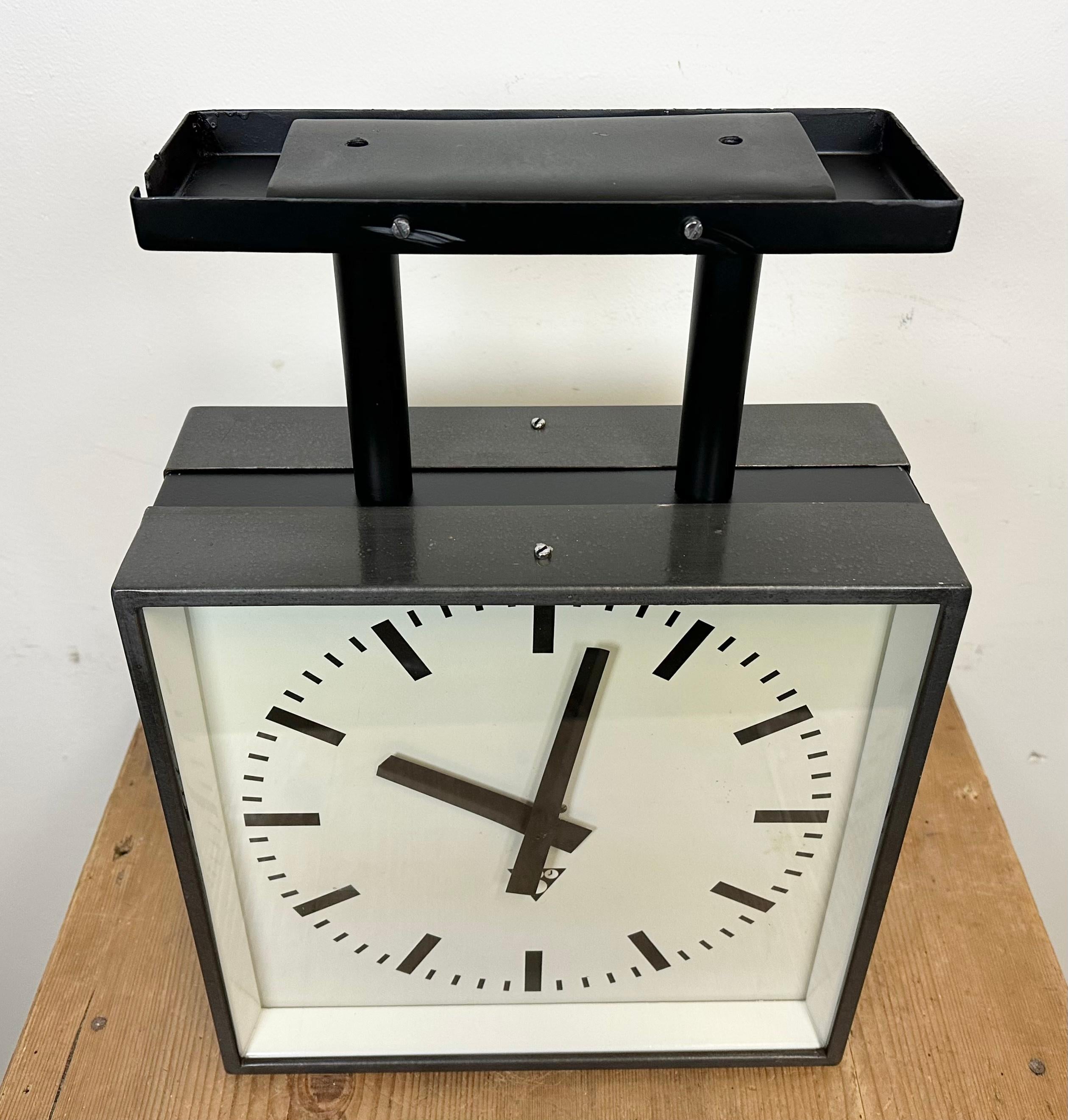 Industrial Square Double-Sided Factory Ceiling Clock from Pragotron, 1970s 5