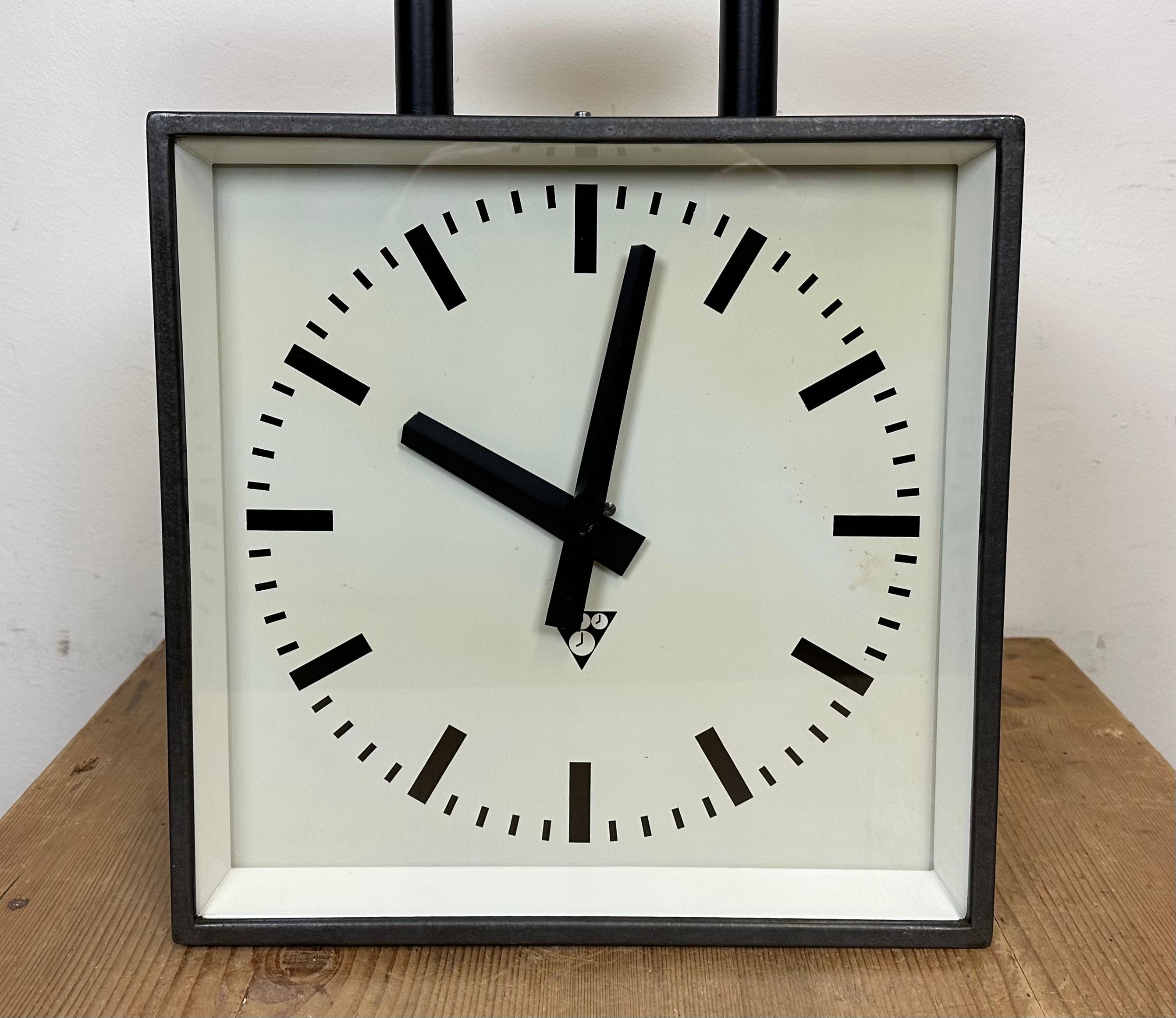 Industrial Square Double-Sided Factory Ceiling Clock from Pragotron, 1970s 6