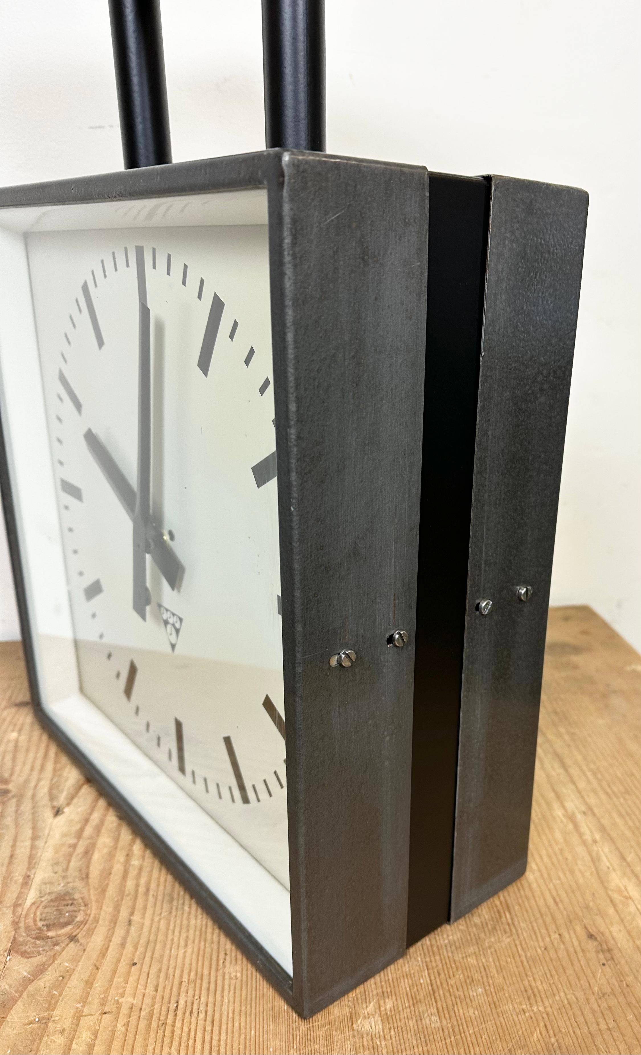 Industrial Square Double-Sided Factory Ceiling Clock from Pragotron, 1970s 8