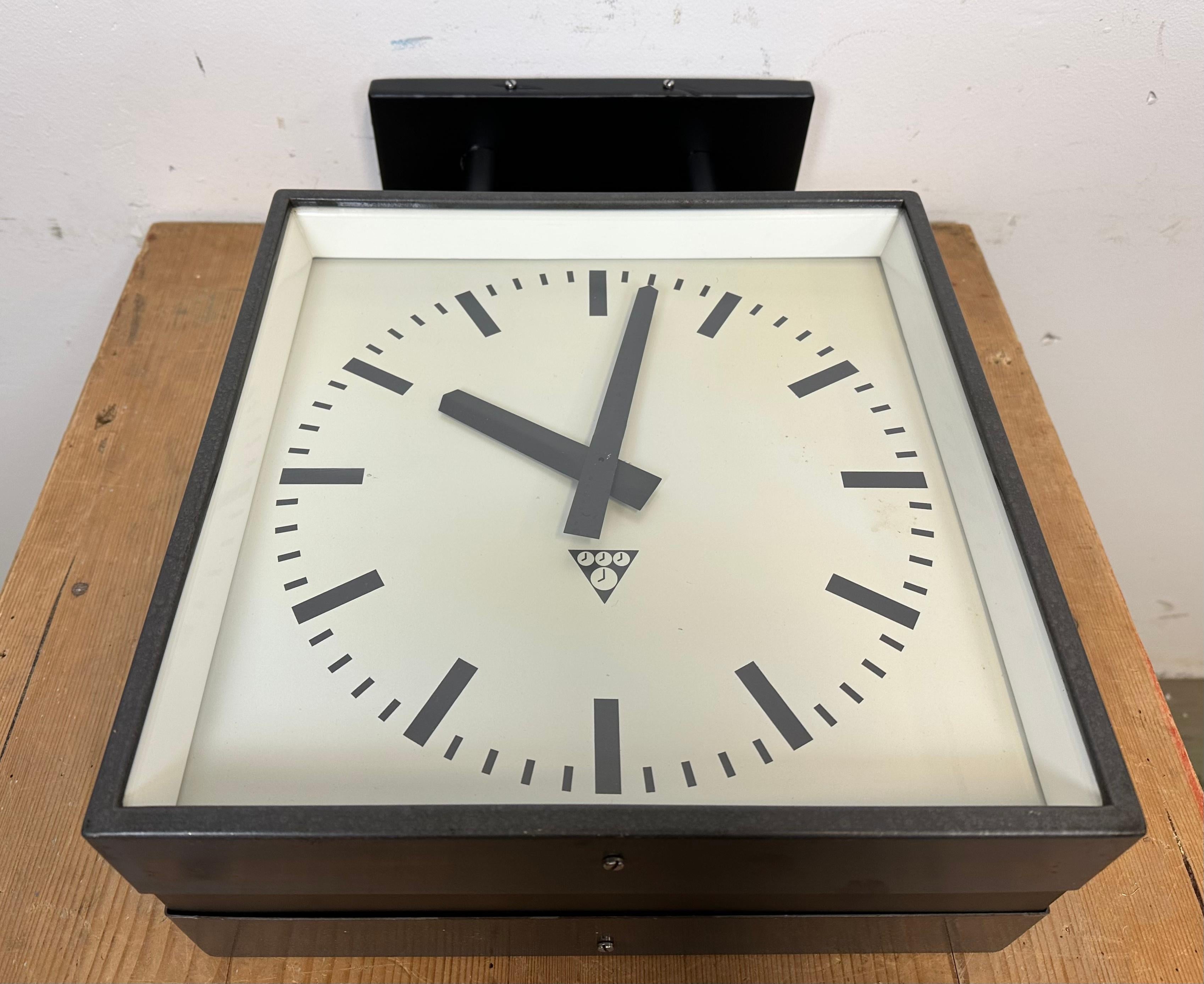 Industrial Square Double-Sided Factory Ceiling Clock from Pragotron, 1970s 11