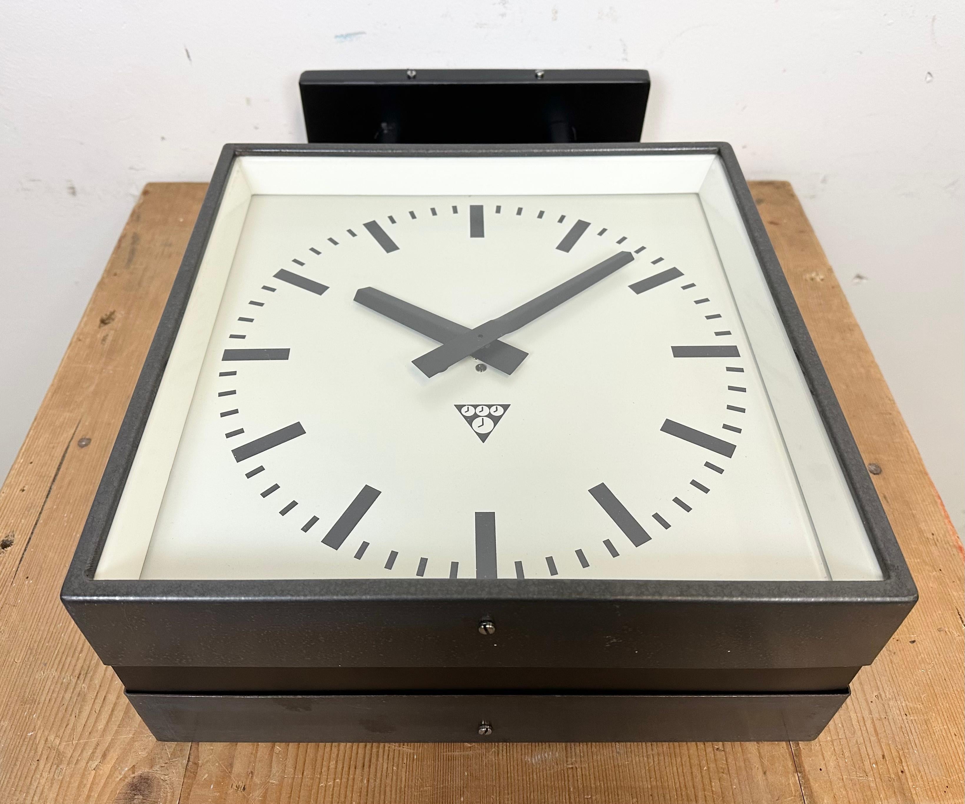 Industrial Square Double-Sided Factory Ceiling Clock from Pragotron, 1970s 12
