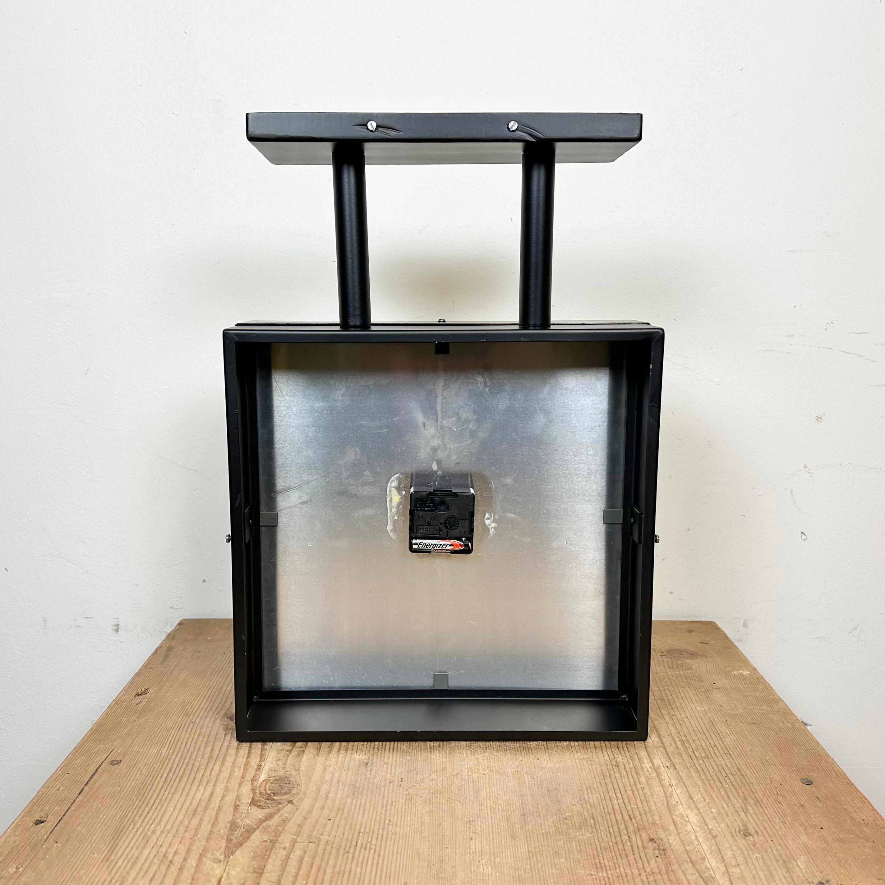Industrial Square Double-Sided Factory Ceiling Clock from Pragotron, 1970s 14