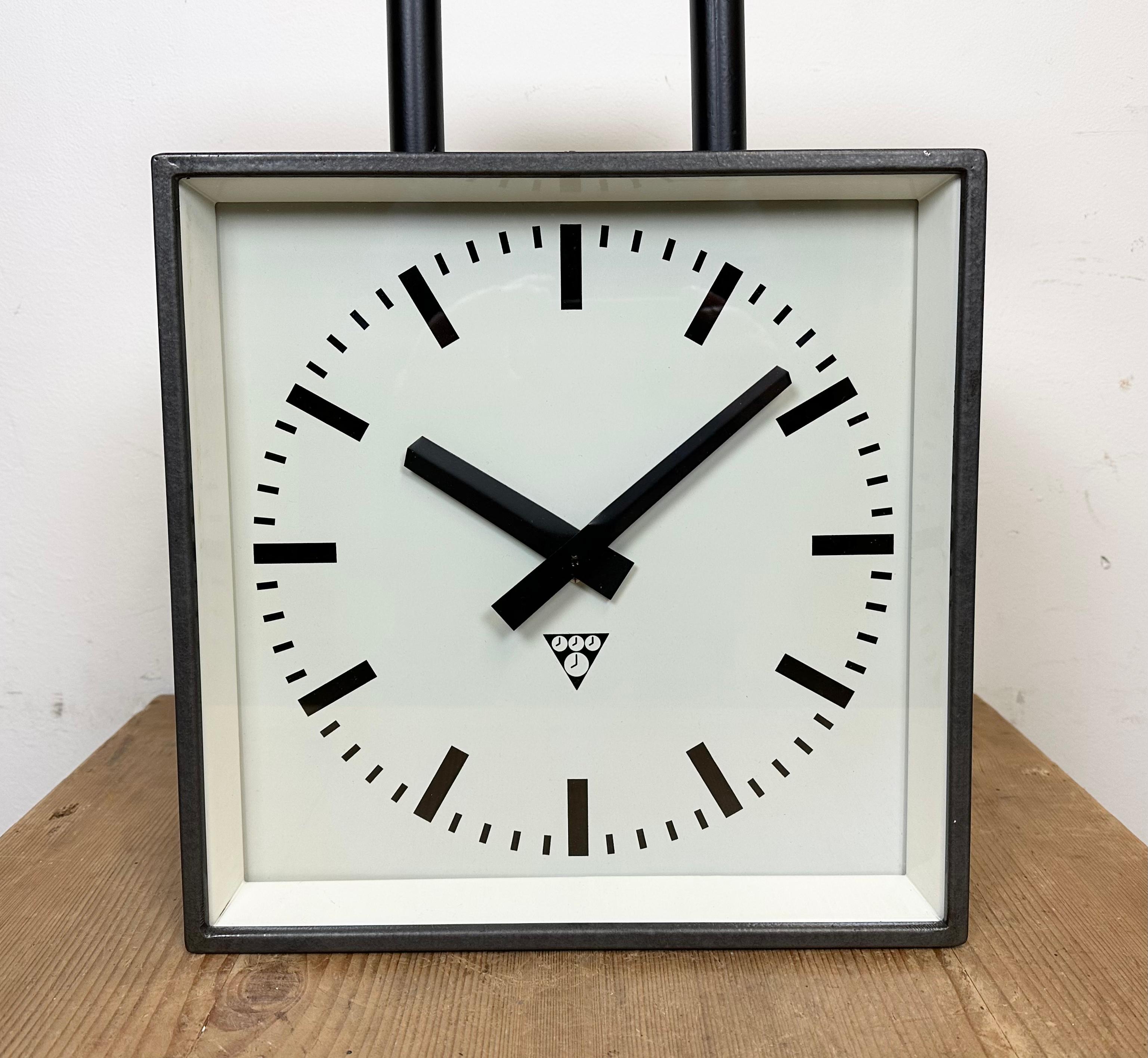 Czech Industrial Square Double-Sided Factory Ceiling Clock from Pragotron, 1970s