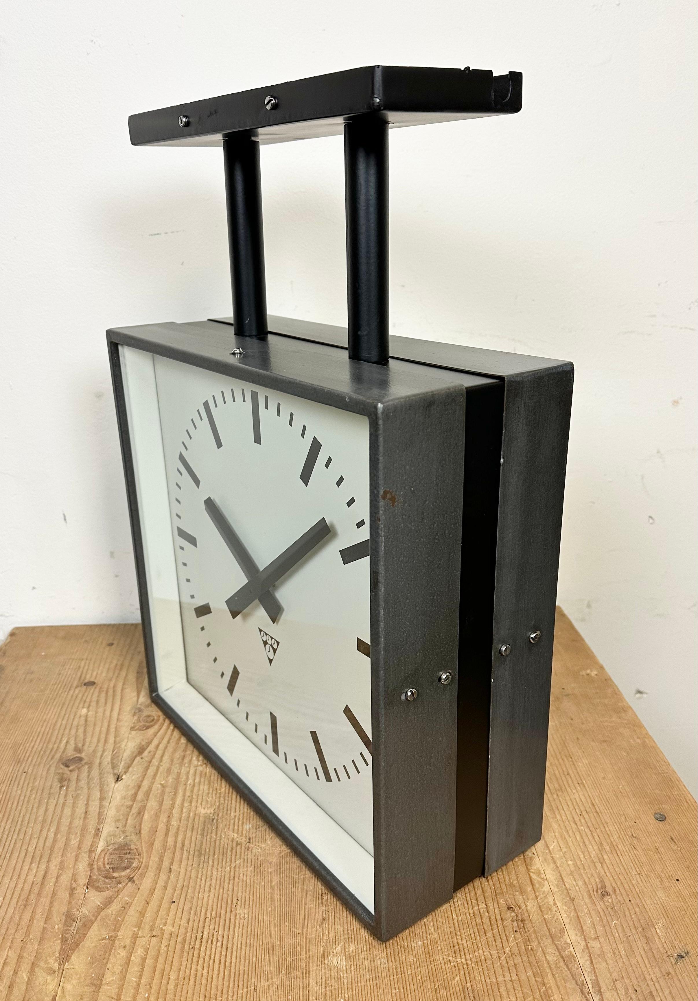 Late 20th Century Industrial Square Double-Sided Factory Ceiling Clock from Pragotron, 1970s
