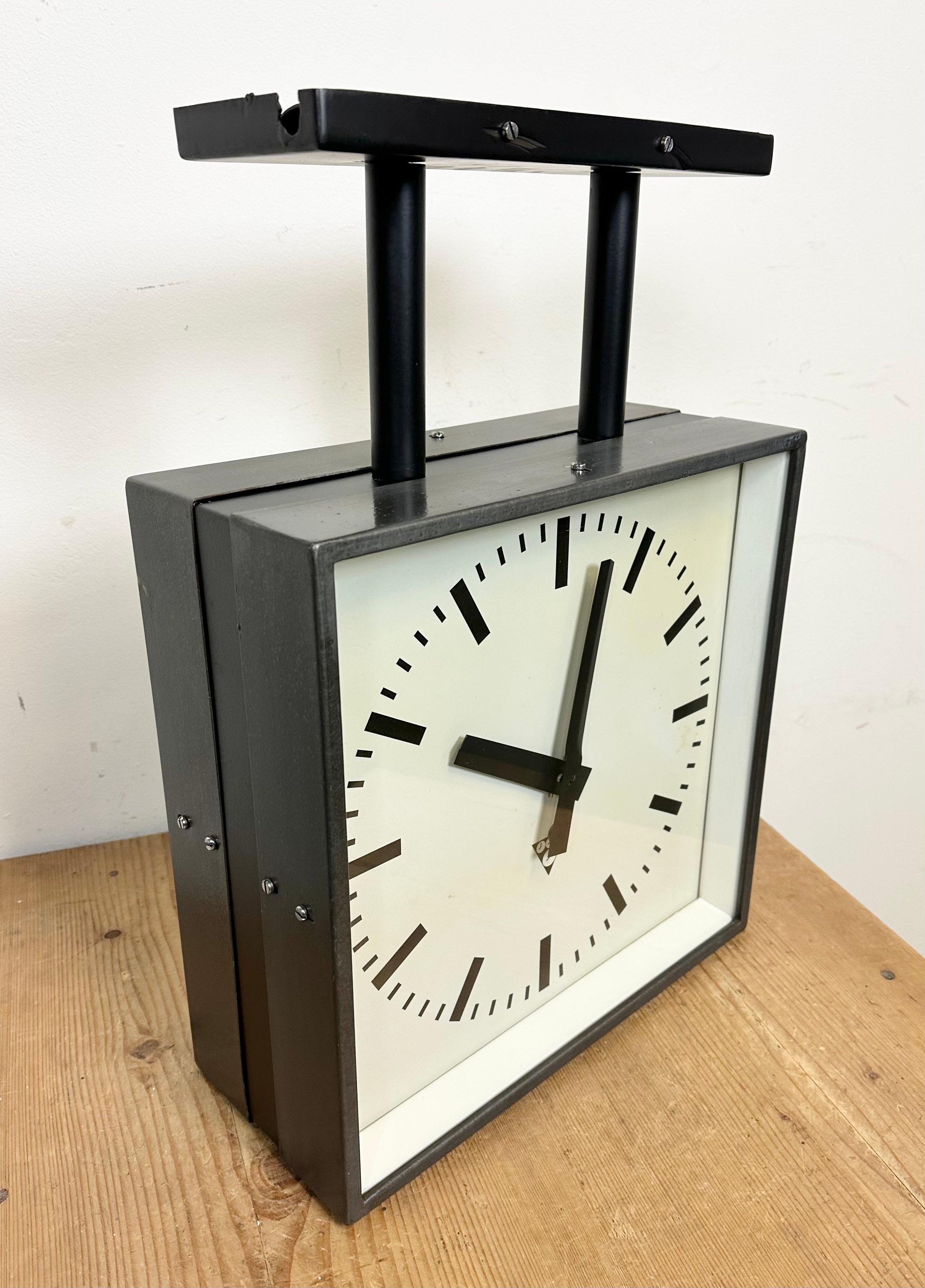 Industrial Square Double-Sided Factory Ceiling Clock from Pragotron, 1970s 2