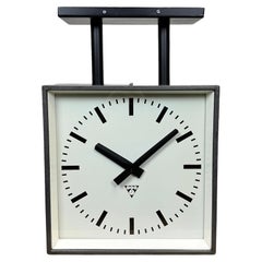 Industrial Square Double-Sided Factory Ceiling Clock from Pragotron, 1970s