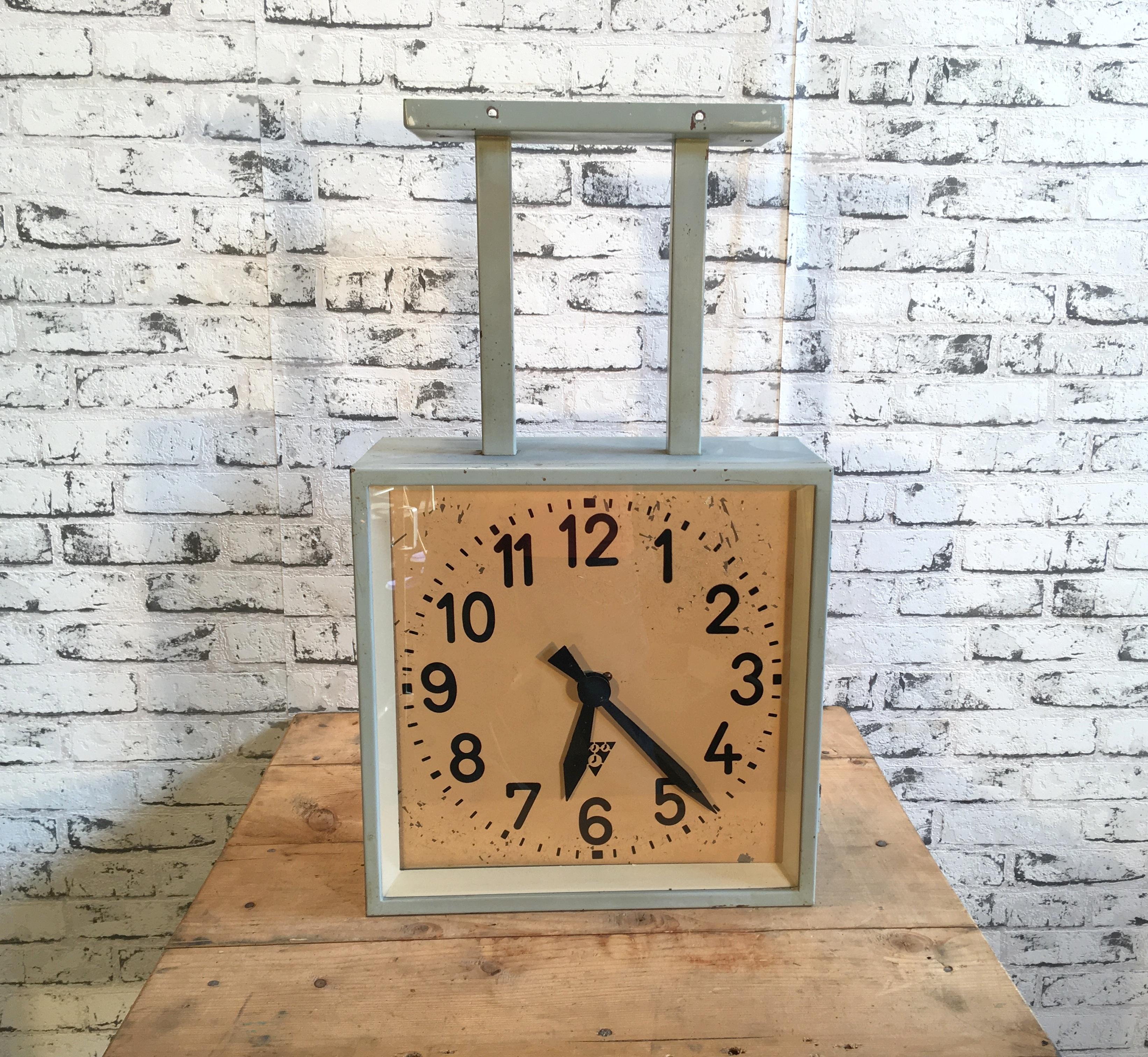 Industrial Square Double-Sided Factory Clock from Pragotron, 1950s 5