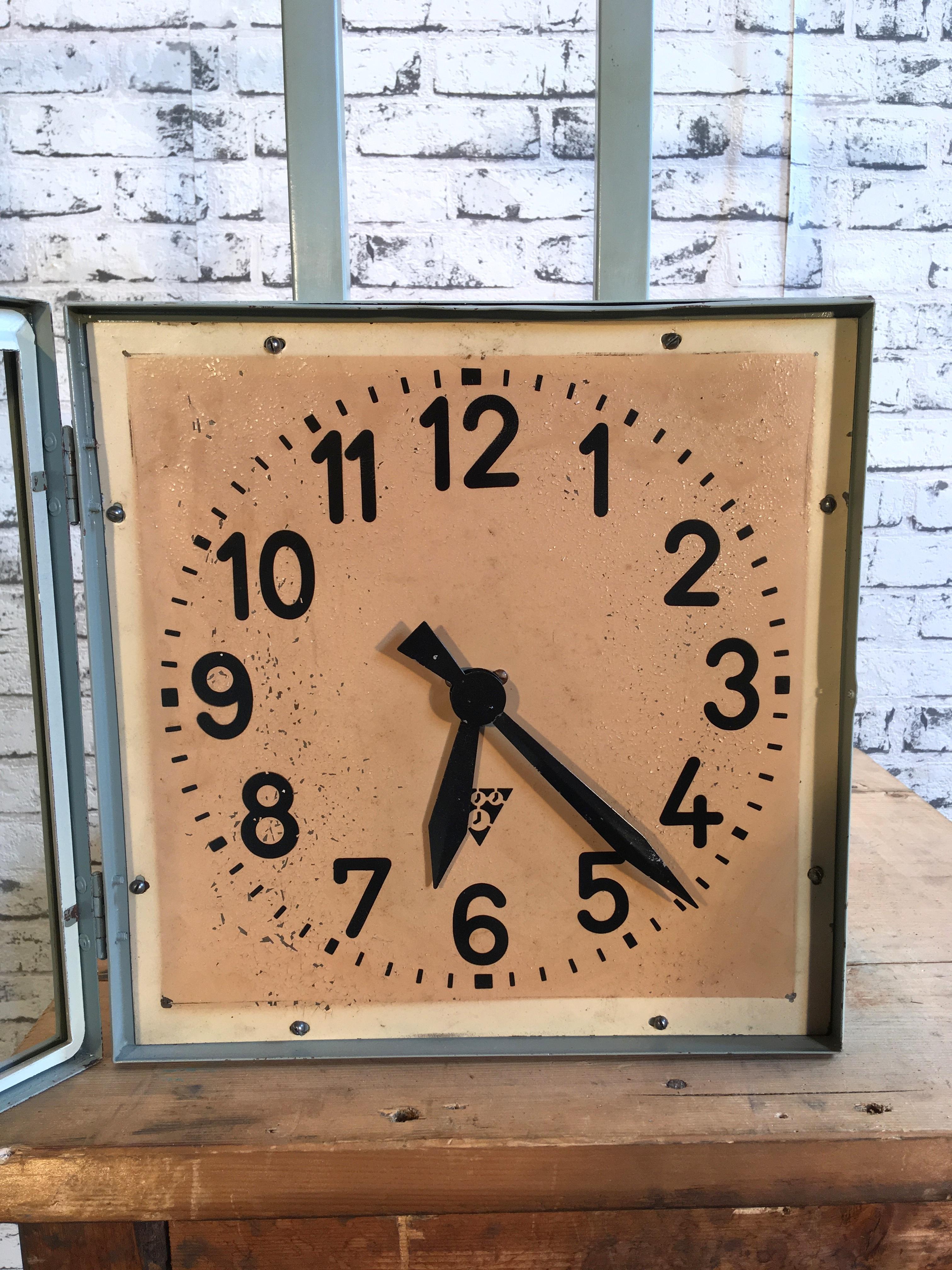 Industrial Square Double-Sided Factory Clock from Pragotron, 1950s 7