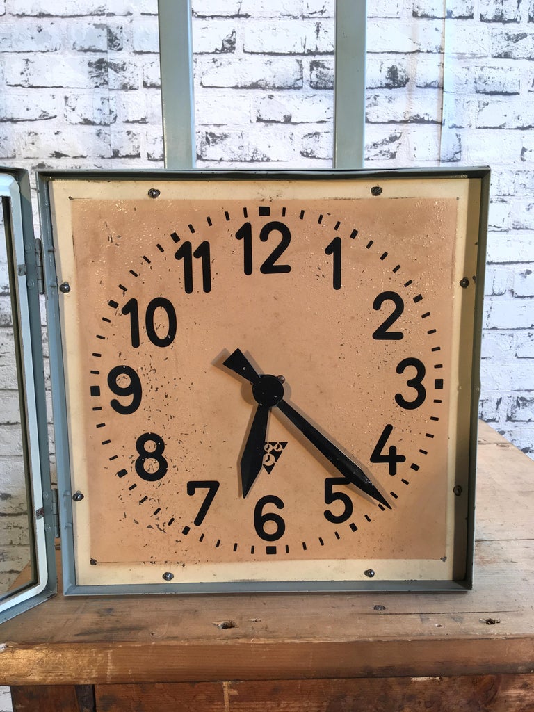 Industrial Square DoubleSided Factory Clock from Pragotron, 1950s at 1stDibs