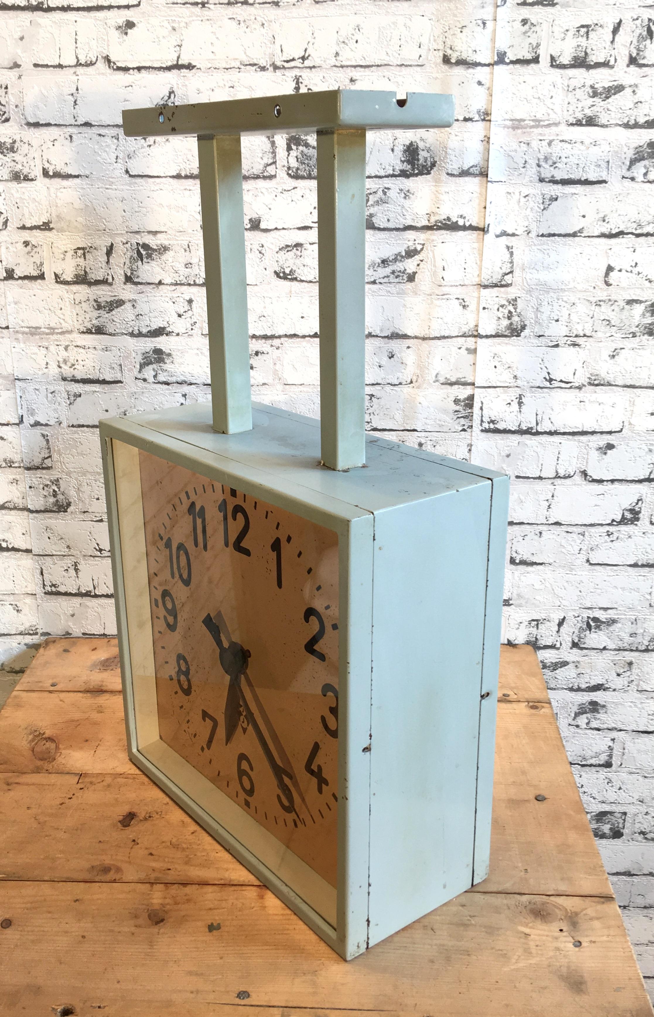 Czech Industrial Square Double-Sided Factory Clock from Pragotron, 1950s