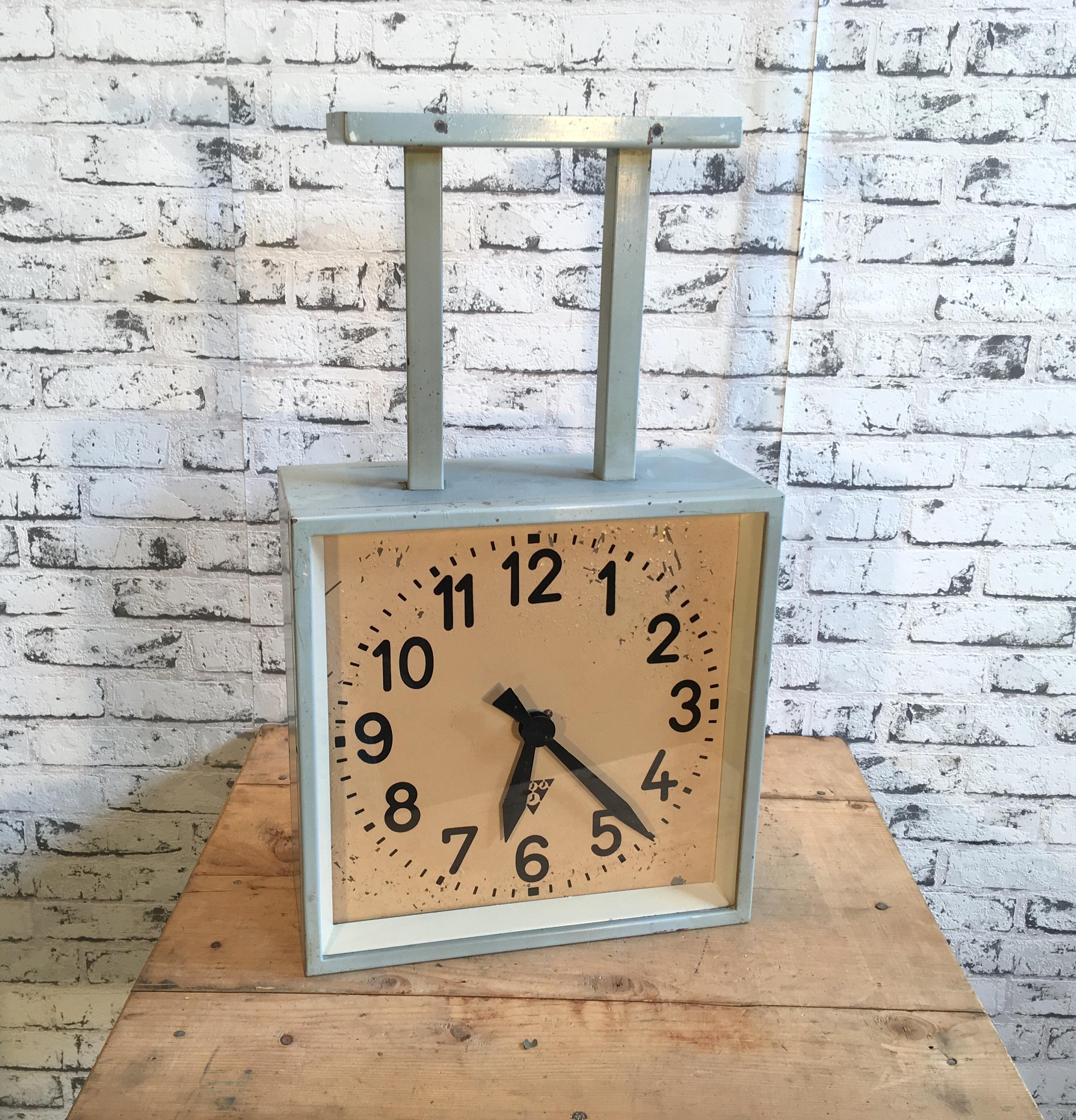 Industrial Square Double-Sided Factory Clock from Pragotron, 1950s In Good Condition In Kojetice, CZ