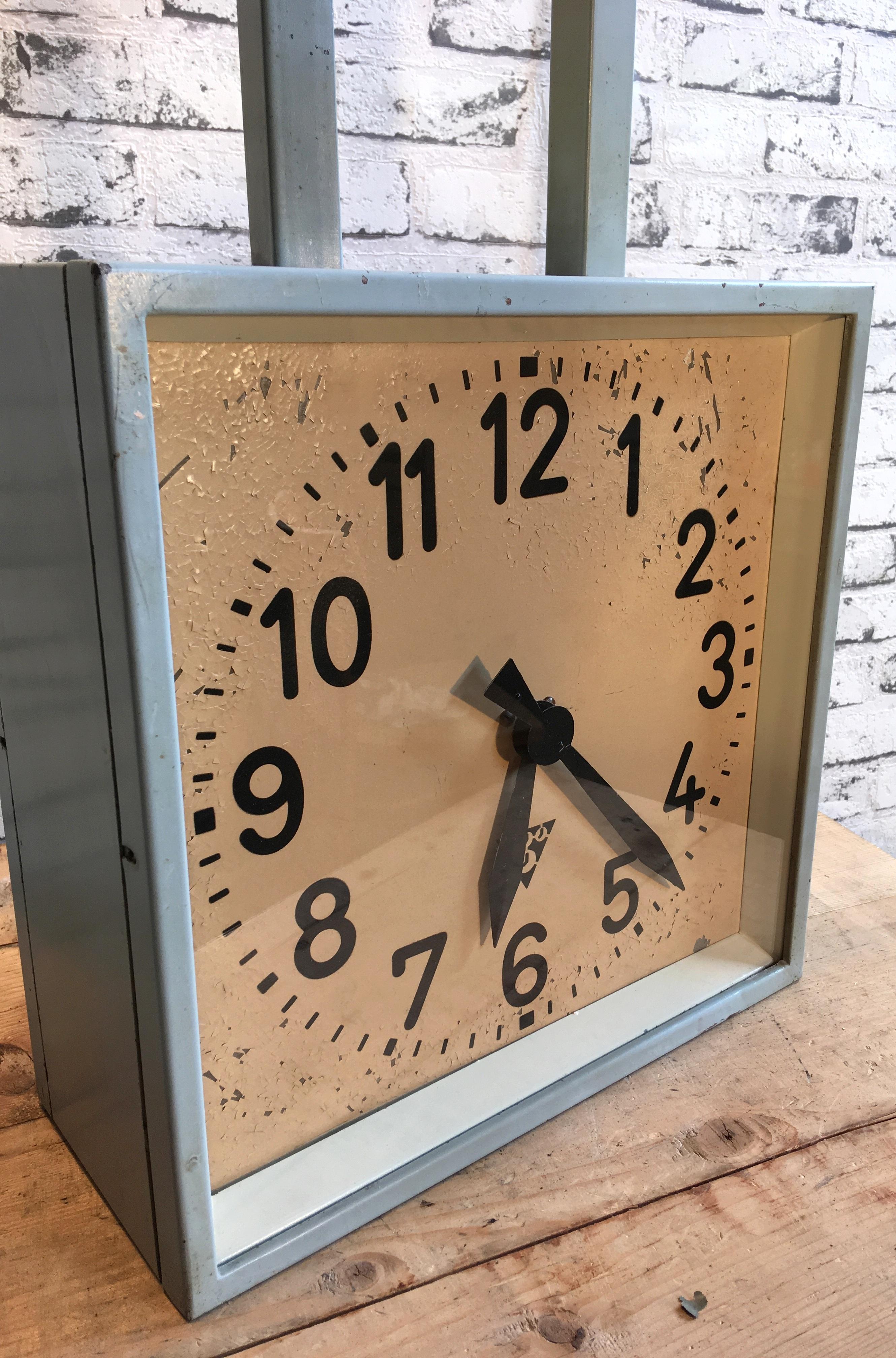 20th Century Industrial Square Double-Sided Factory Clock from Pragotron, 1950s