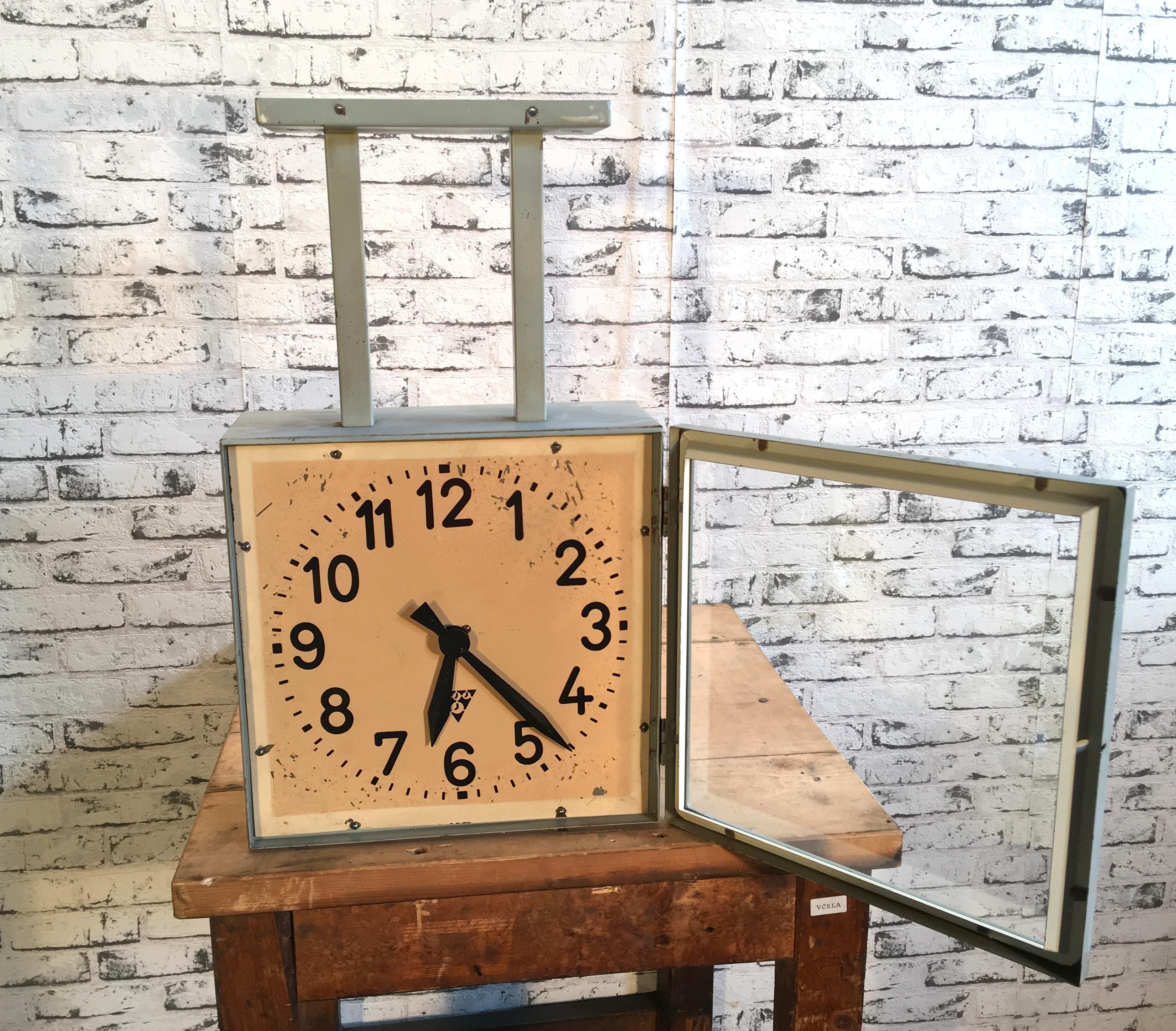 Glass Industrial Square Double-Sided Factory Clock from Pragotron, 1950s