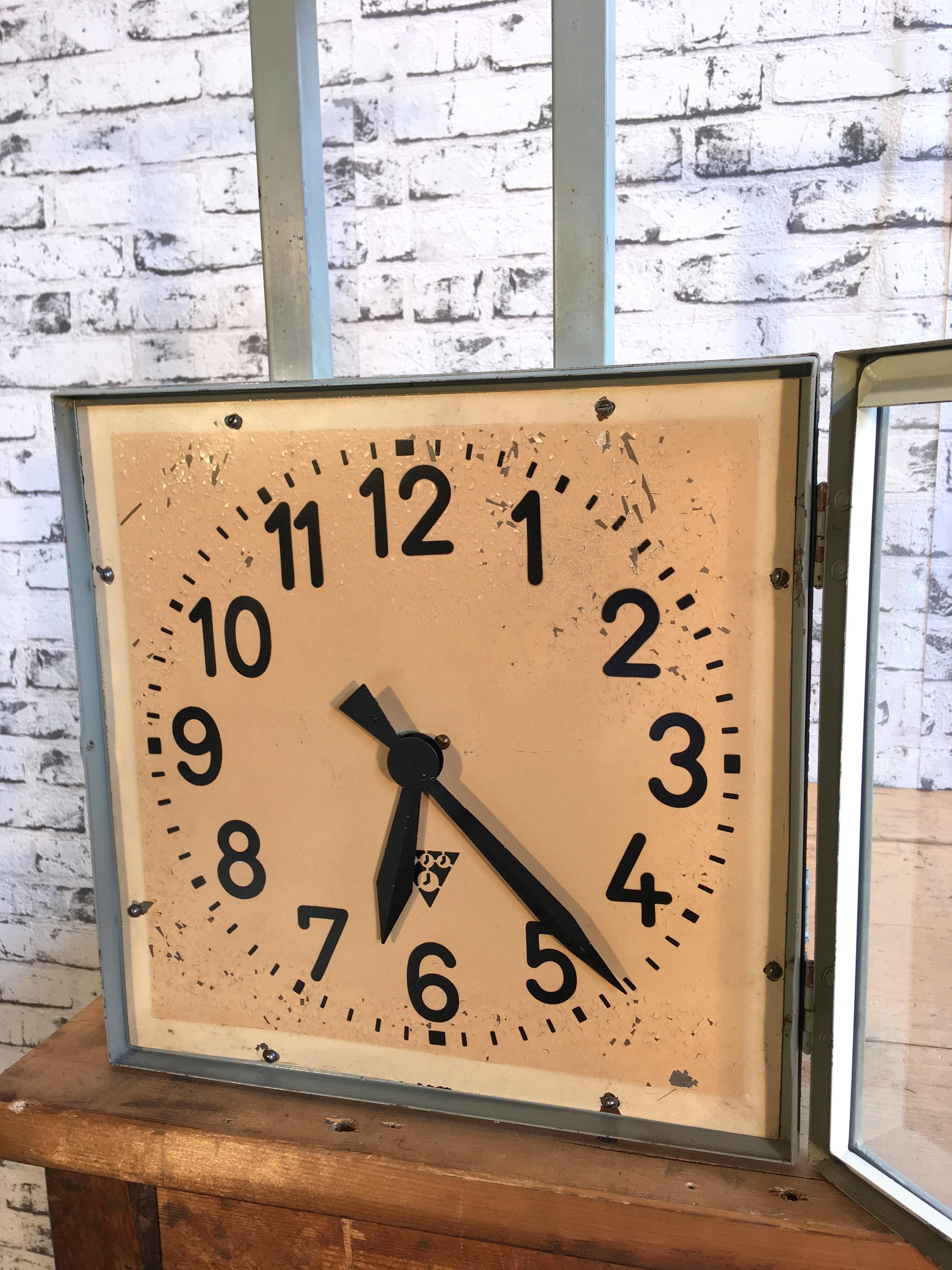 Industrial Square Double-Sided Factory Clock from Pragotron, 1950s 1