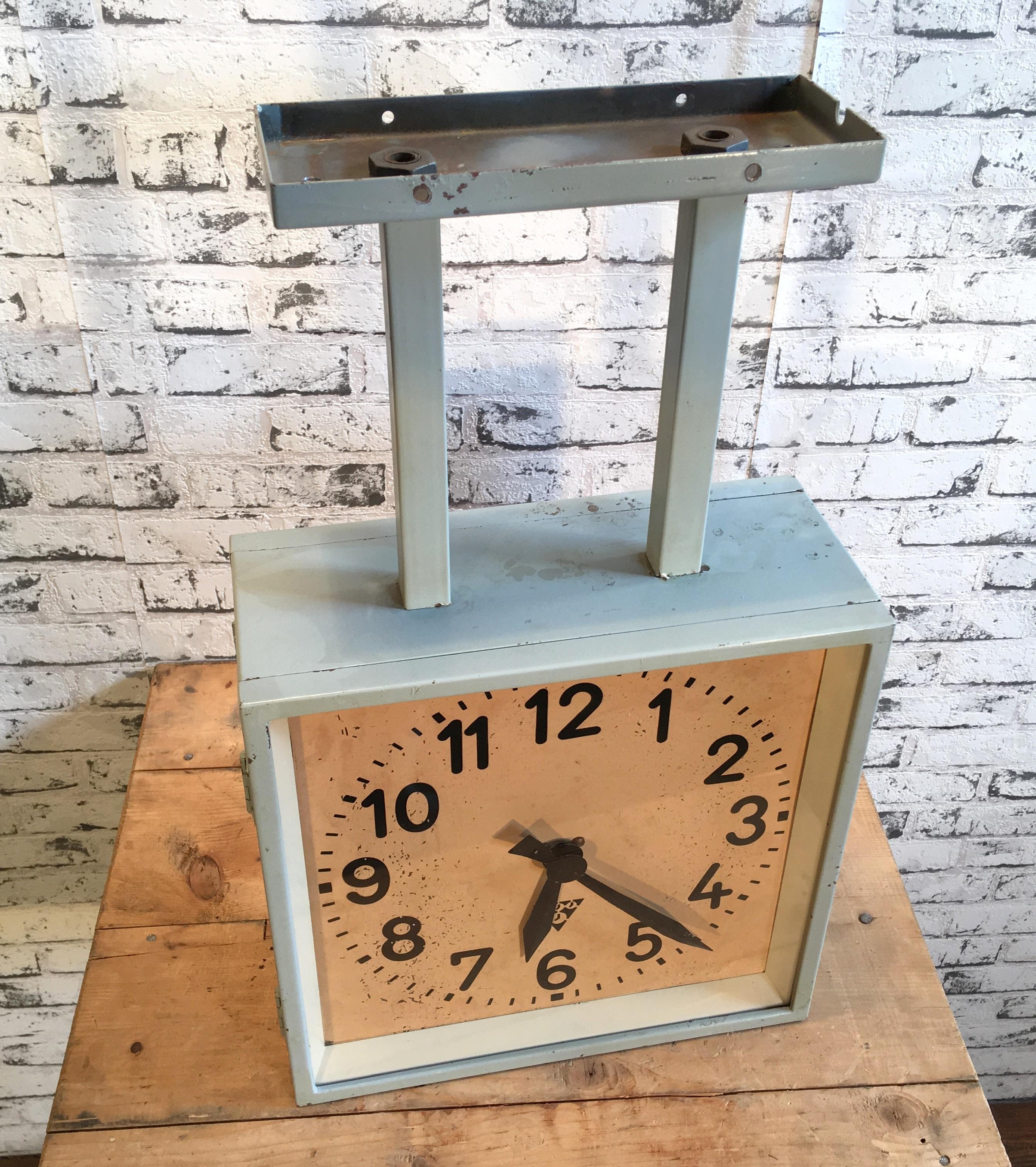 Industrial Square Double-Sided Factory Clock from Pragotron, 1950s 3