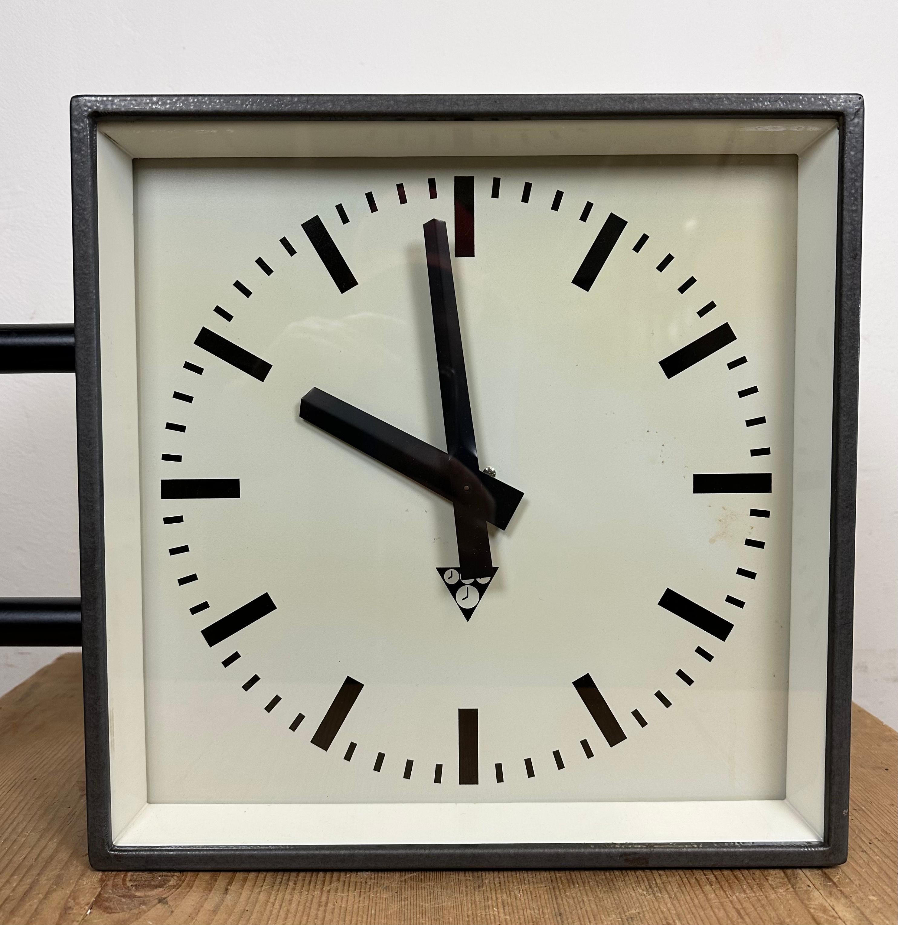 Industrial Square Double-Sided Factory Wall Clock from Pragotron, 1970s 5