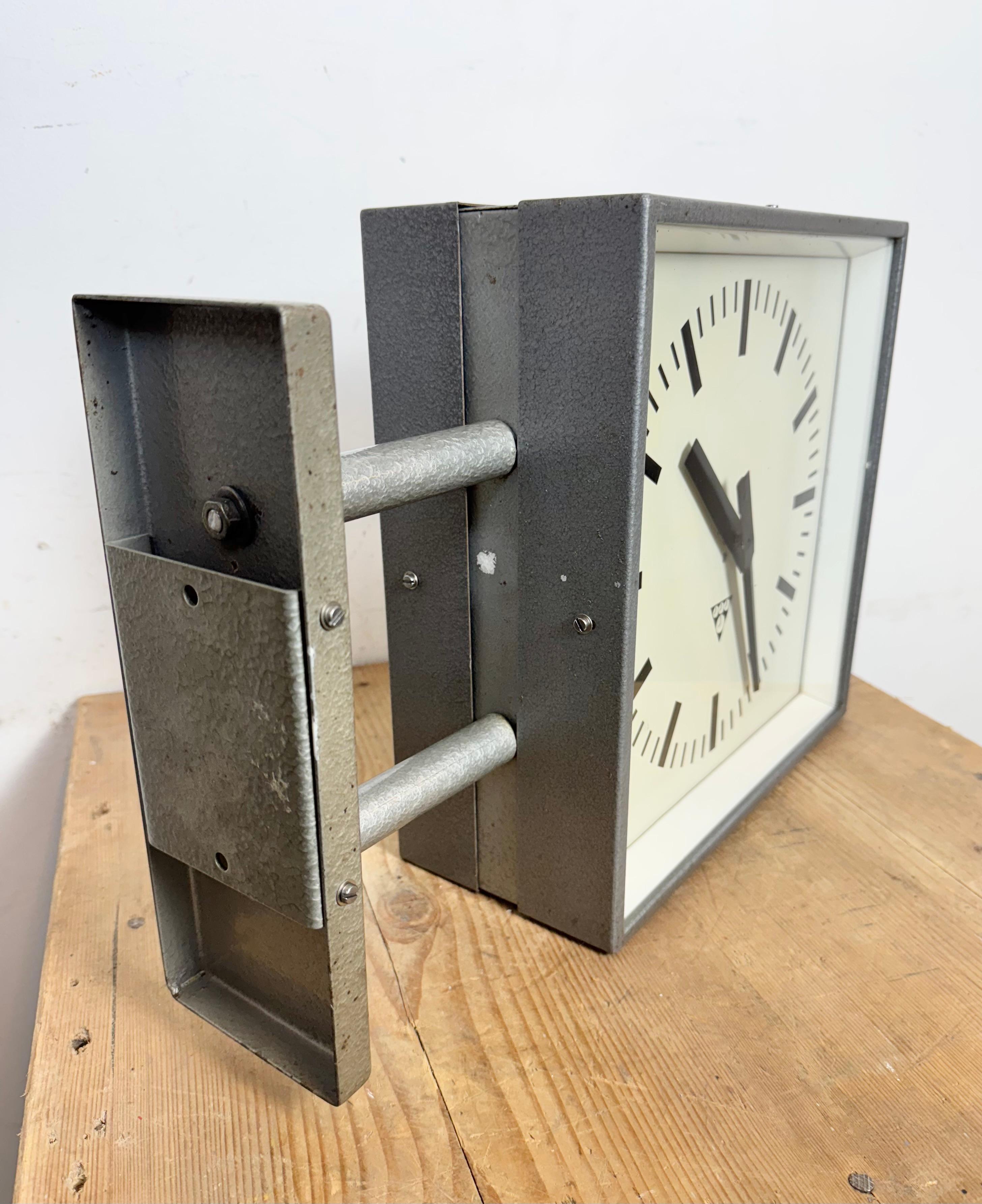 Industrial Square Double Sided Factory Wall Clock from Pragotron, 1970s 5