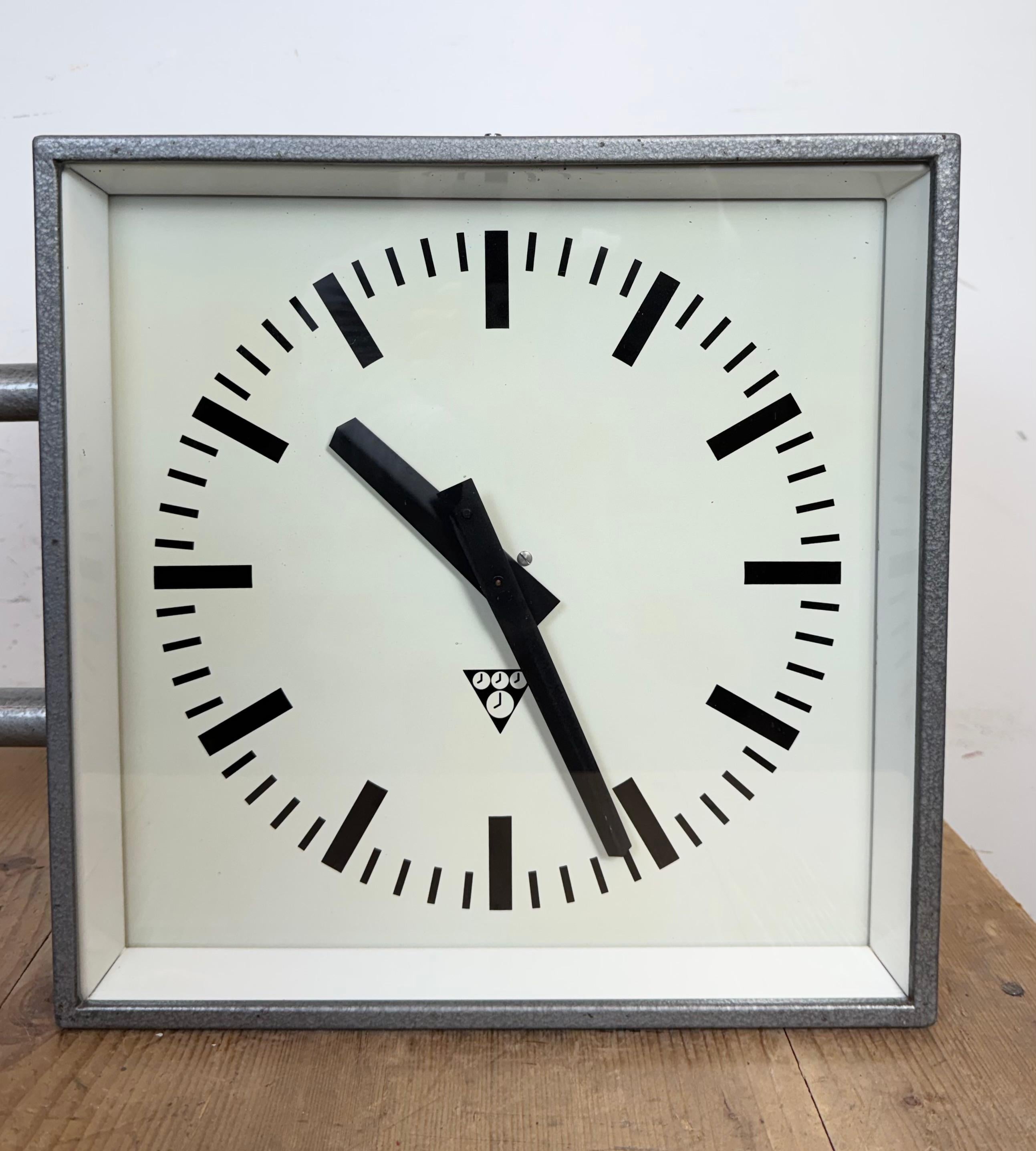 Industrial Square Double Sided Factory Wall Clock from Pragotron, 1970s 7