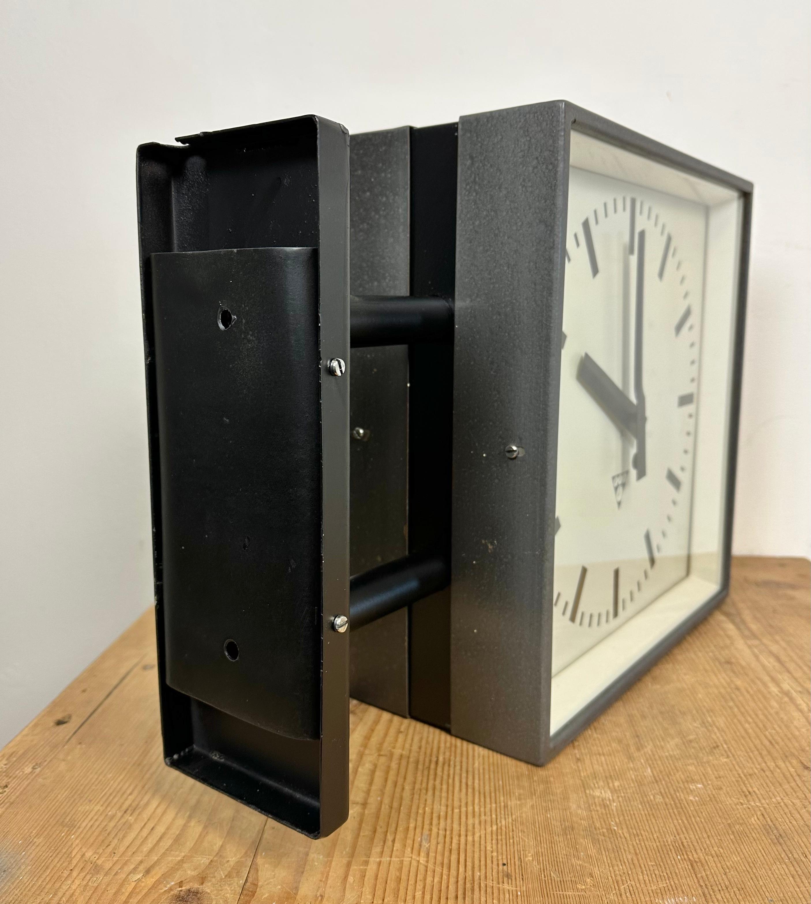 Industrial Square Double-Sided Factory Wall Clock from Pragotron, 1970s 8