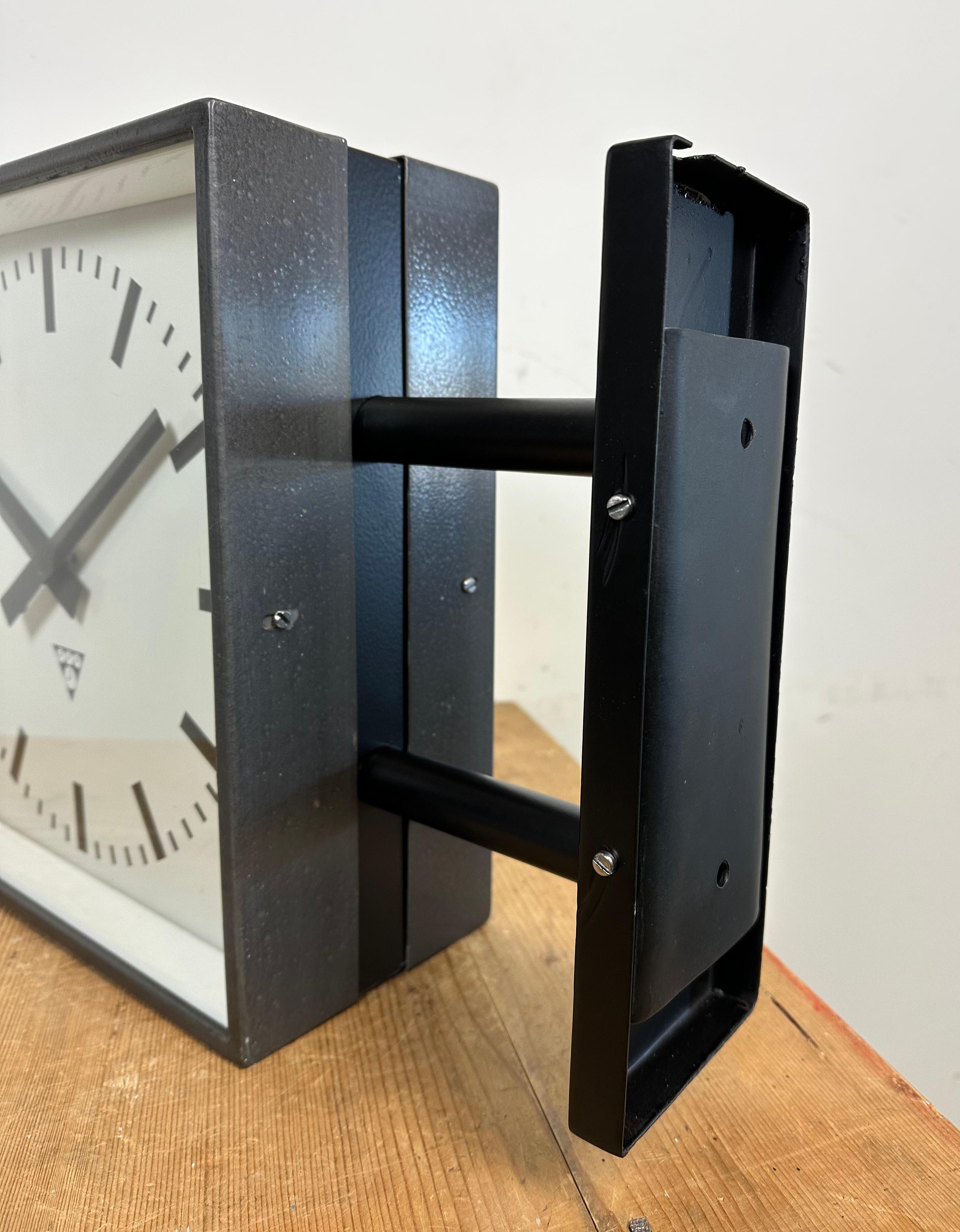 Industrial Square Double-Sided Factory Wall Clock from Pragotron, 1970s 9